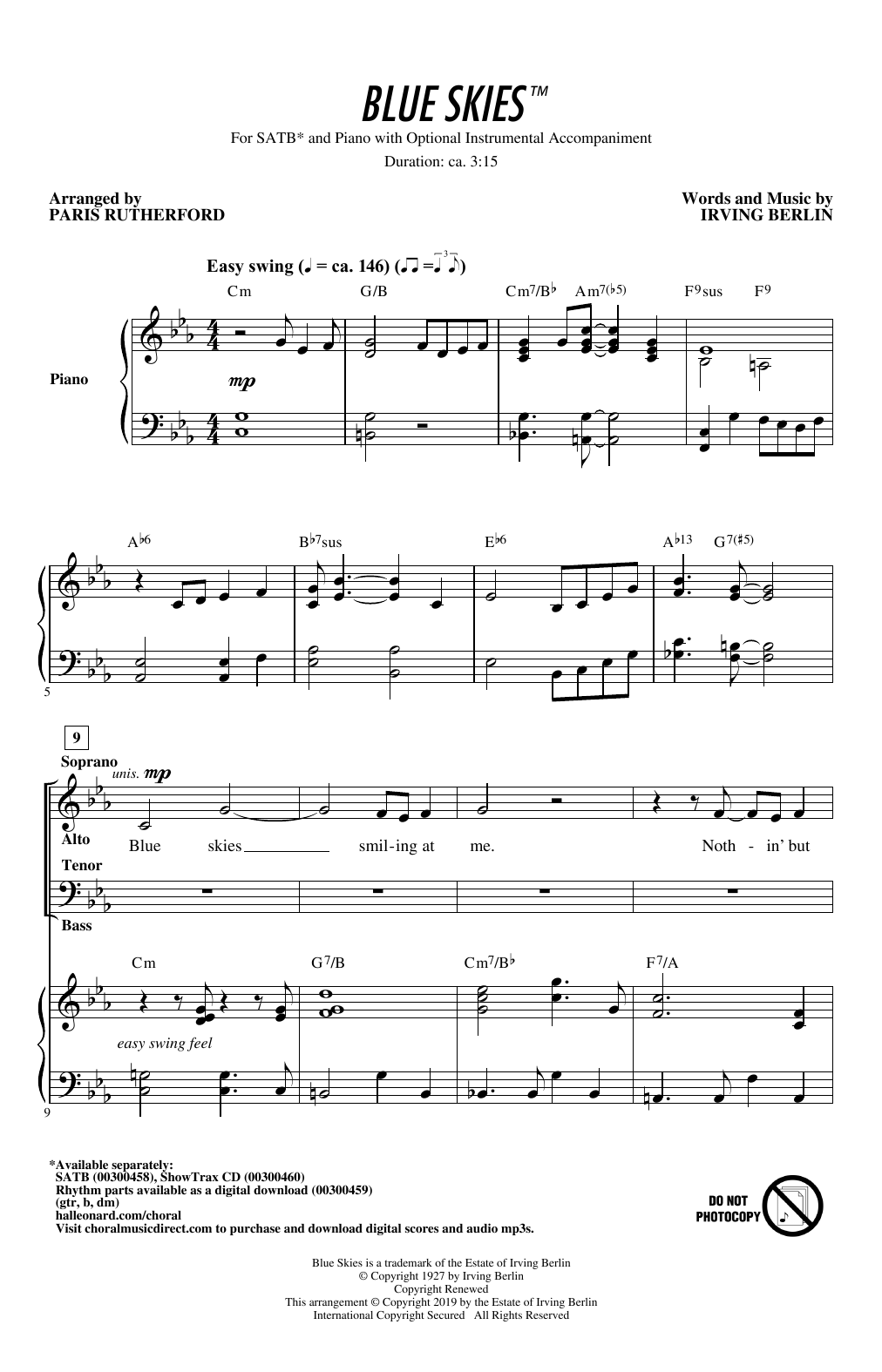 Irving Berlin Blue Skies (arr. Paris Rutherford) Sheet Music Notes & Chords for SATB Choir - Download or Print PDF