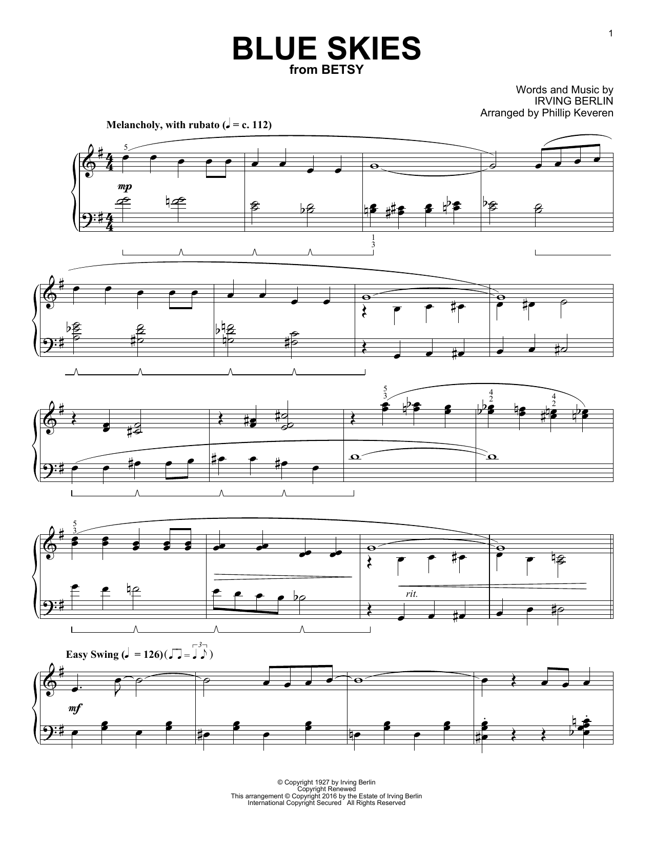 Irving Berlin Blue Skies (arr. Phillip Keveren) Sheet Music Notes & Chords for Piano - Download or Print PDF
