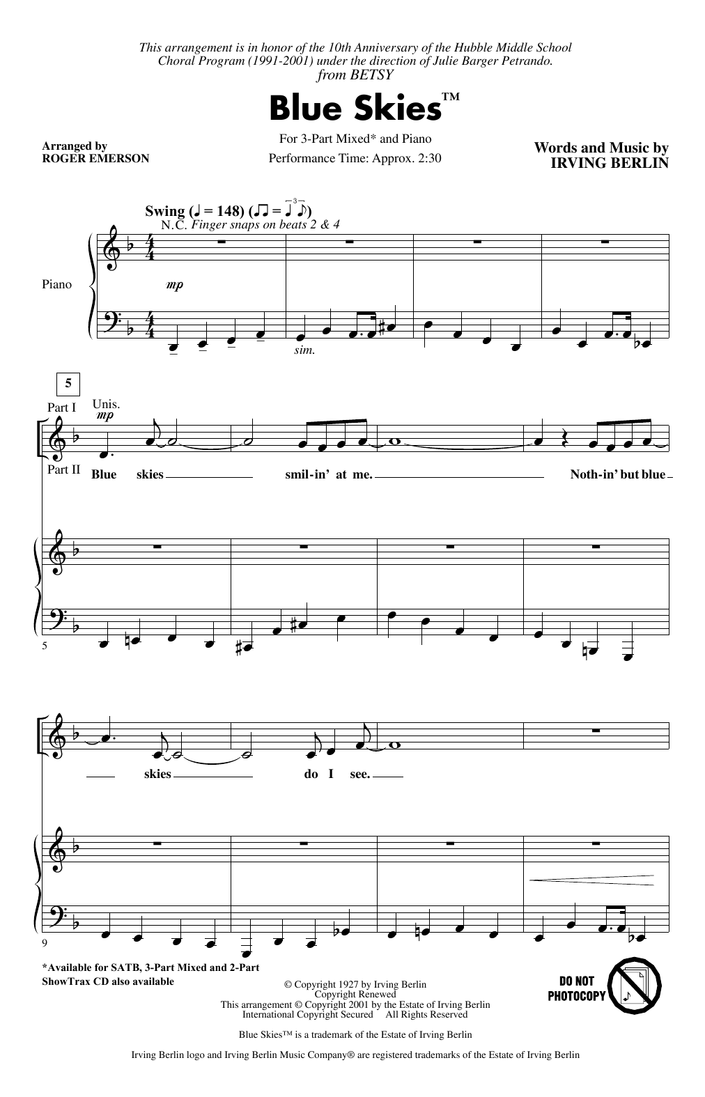 Irving Berlin Blue Skies (arr. Roger Emerson) Sheet Music Notes & Chords for 3-Part Mixed Choir - Download or Print PDF