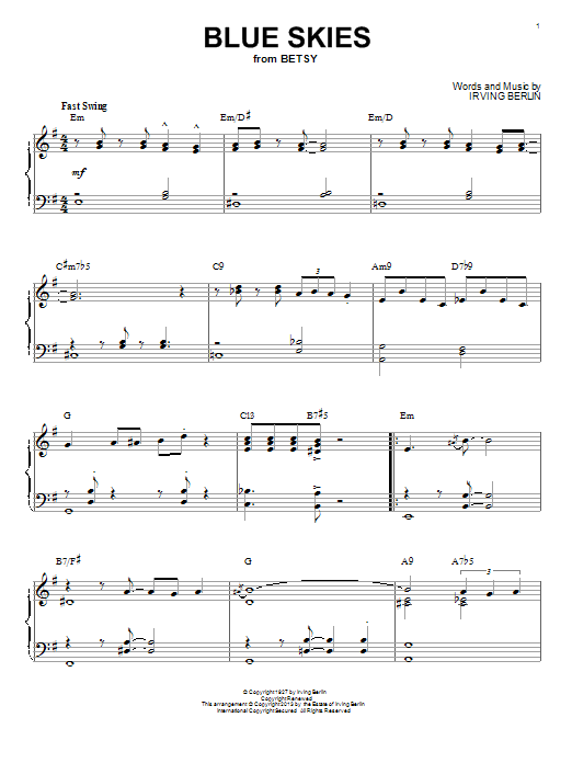 Irving Berlin Blue Skies [Jazz version] (arr. Brent Edstrom) Sheet Music Notes & Chords for Piano & Vocal - Download or Print PDF