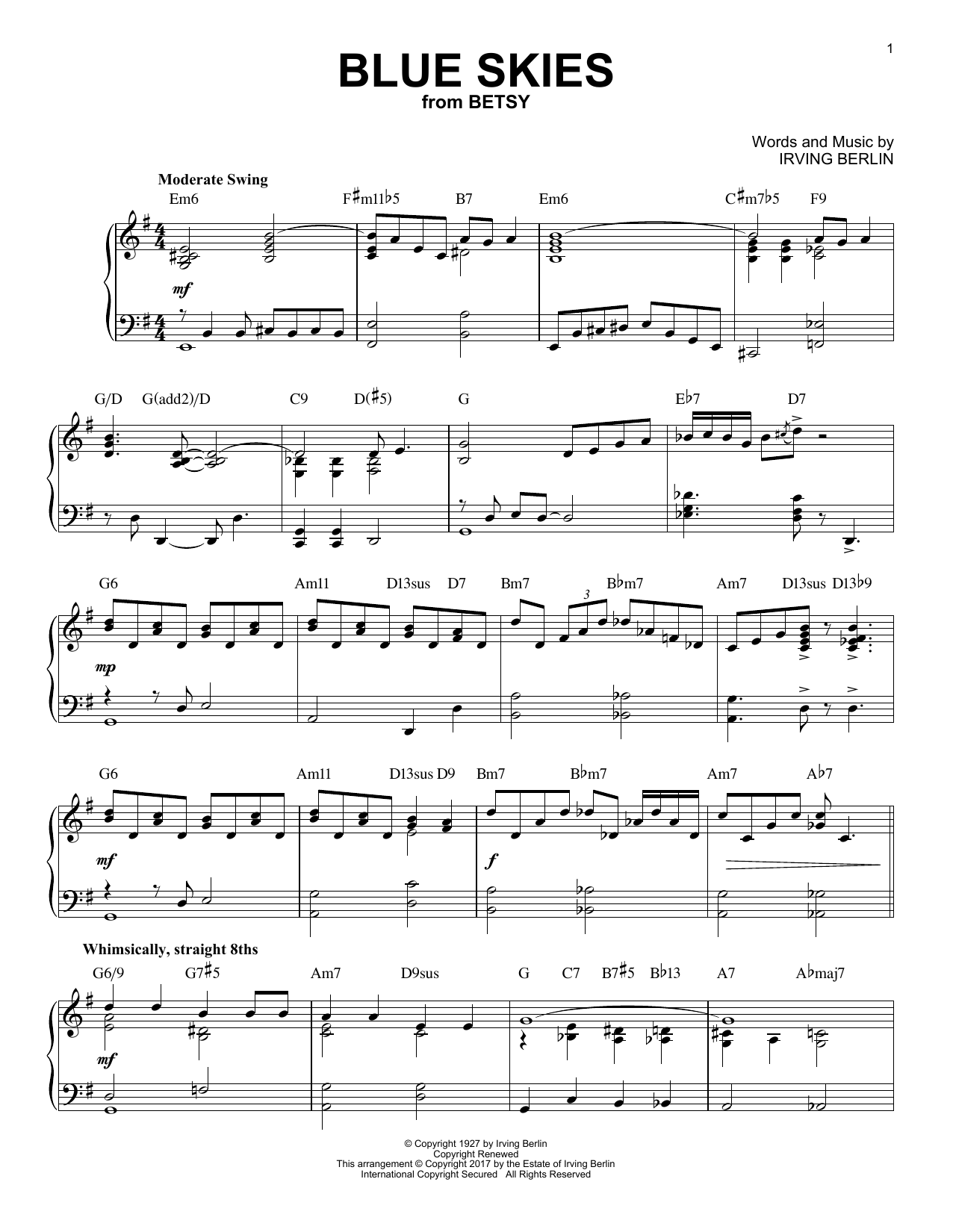 Irving Berlin Blue Skies [Jazz version] Sheet Music Notes & Chords for Piano - Download or Print PDF