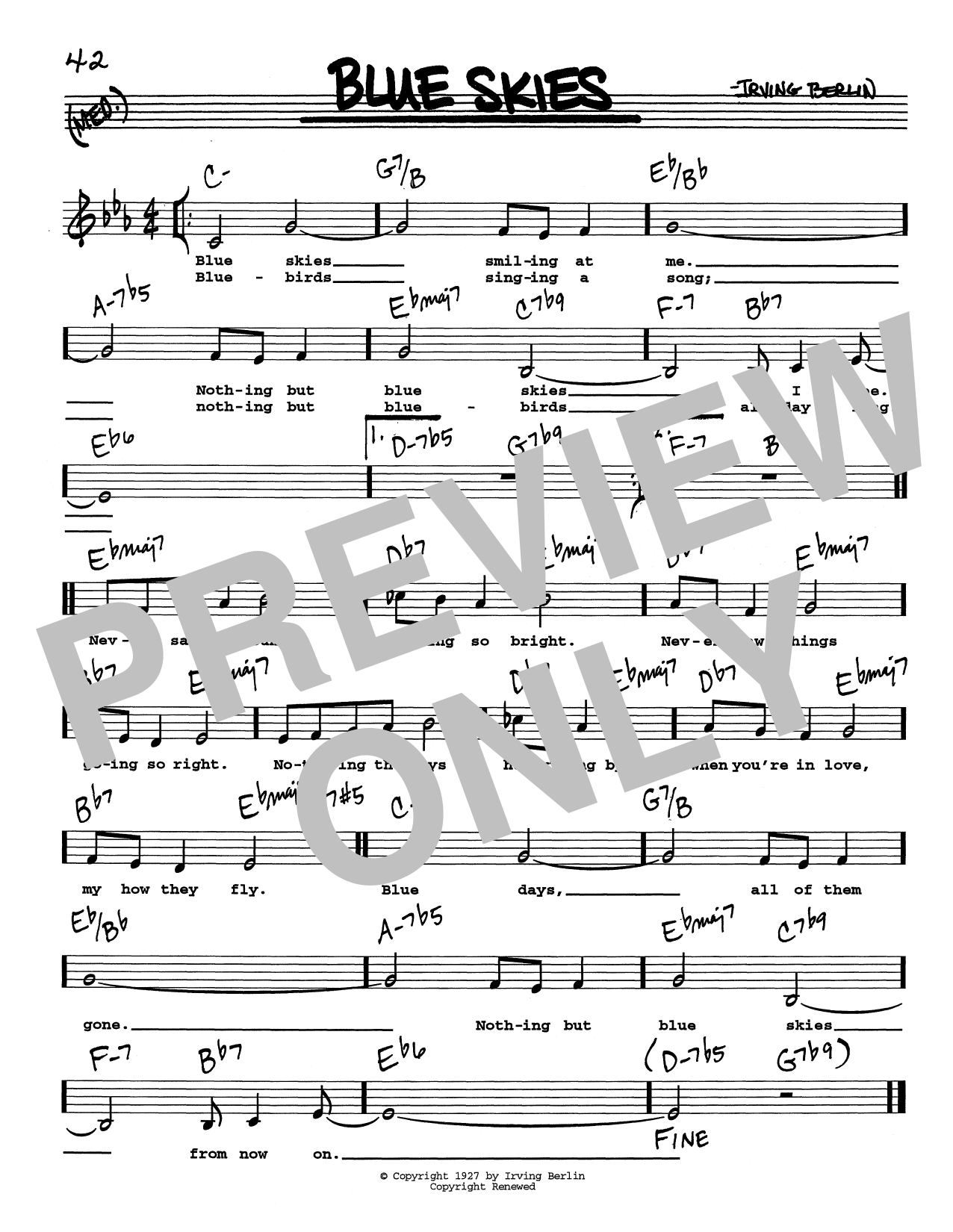 Irving Berlin Blue Skies (Low Voice) Sheet Music Notes & Chords for Real Book – Melody, Lyrics & Chords - Download or Print PDF
