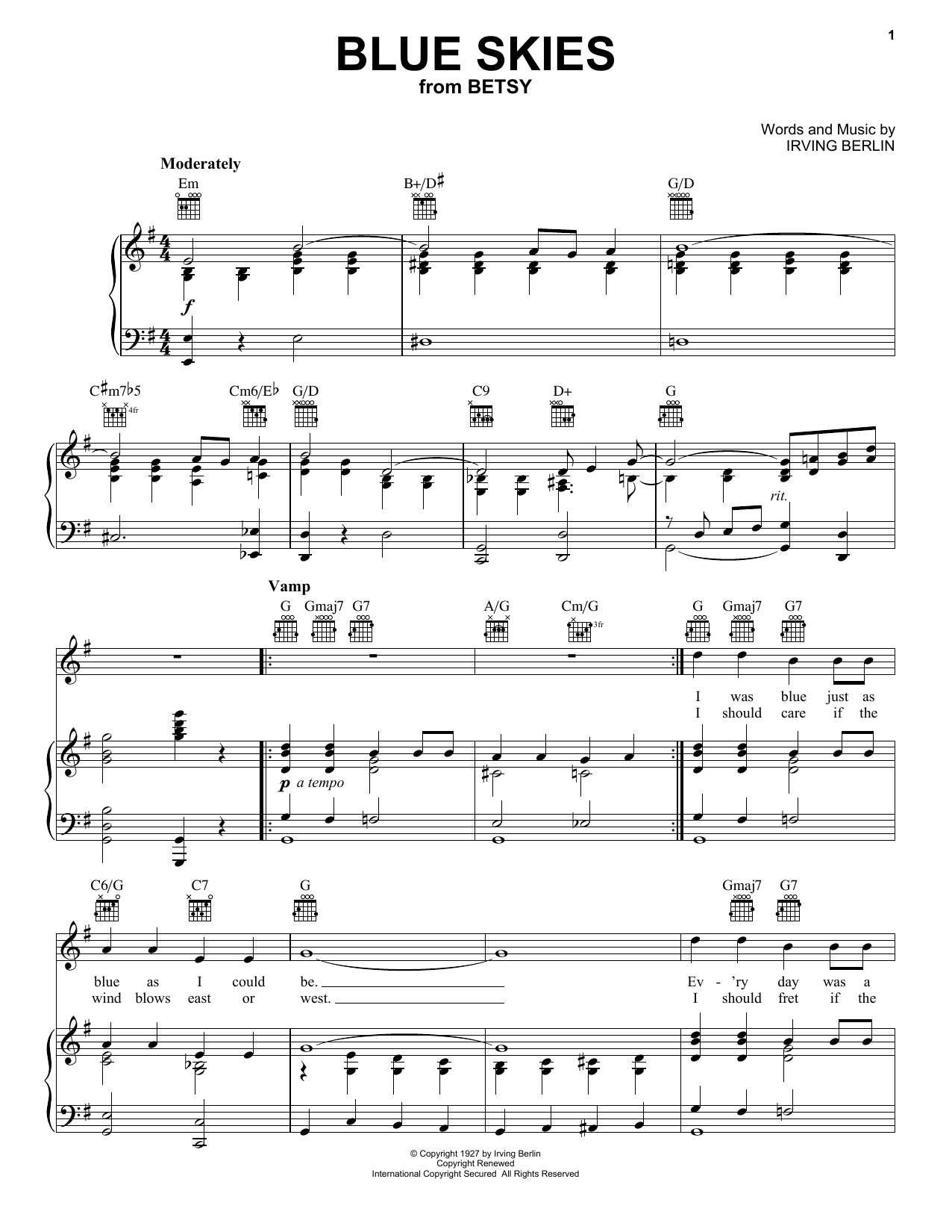 Frank Sinatra Blue Skies Sheet Music Notes & Chords for Piano, Vocal & Guitar (Right-Hand Melody) - Download or Print PDF