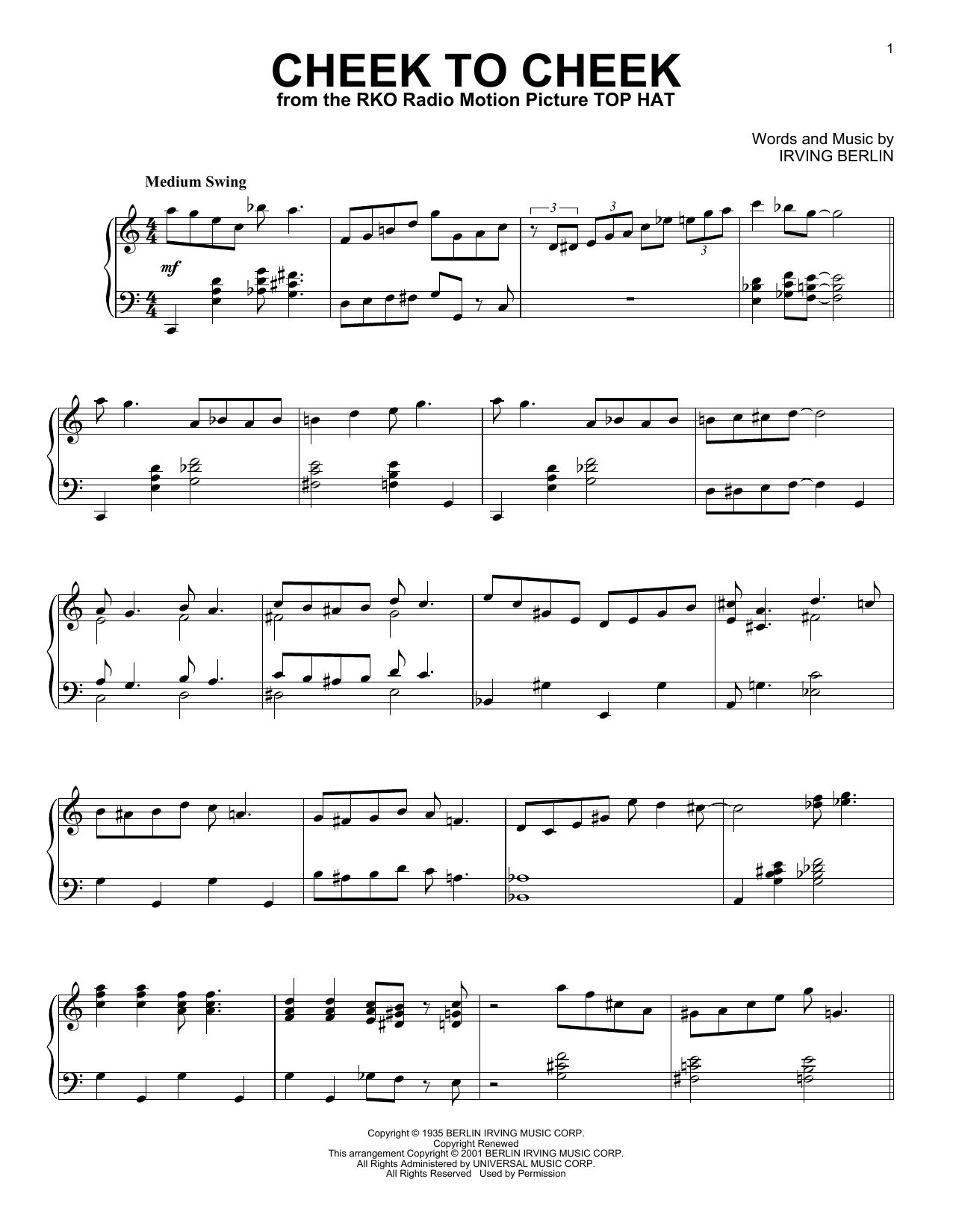 Irving Berlin Cheek To Cheek (arr. Al Lerner) Sheet Music Notes & Chords for Piano Solo - Download or Print PDF