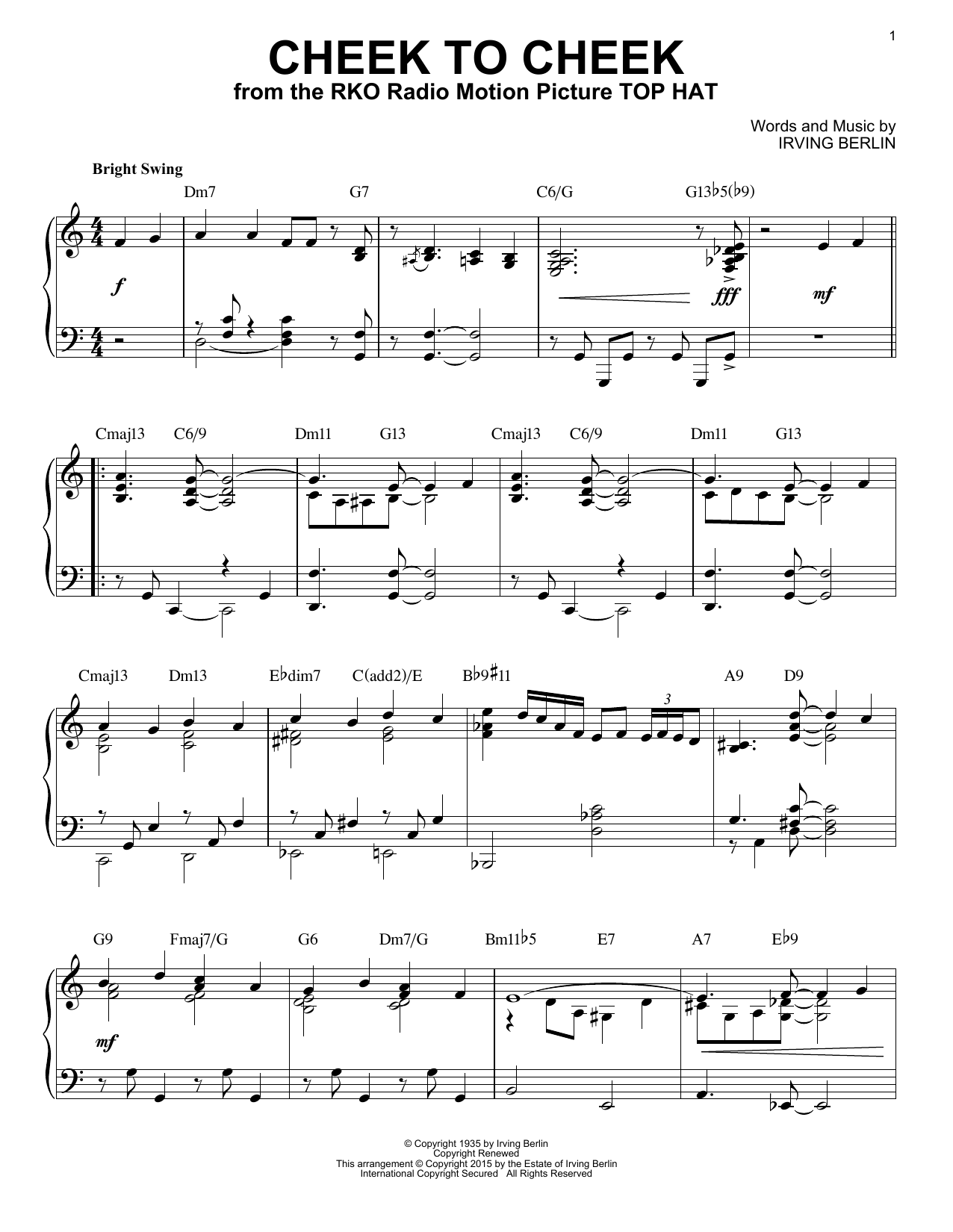 Irving Berlin Cheek To Cheek [Jazz version] (arr. Brent Edstrom) Sheet Music Notes & Chords for Piano & Vocal - Download or Print PDF