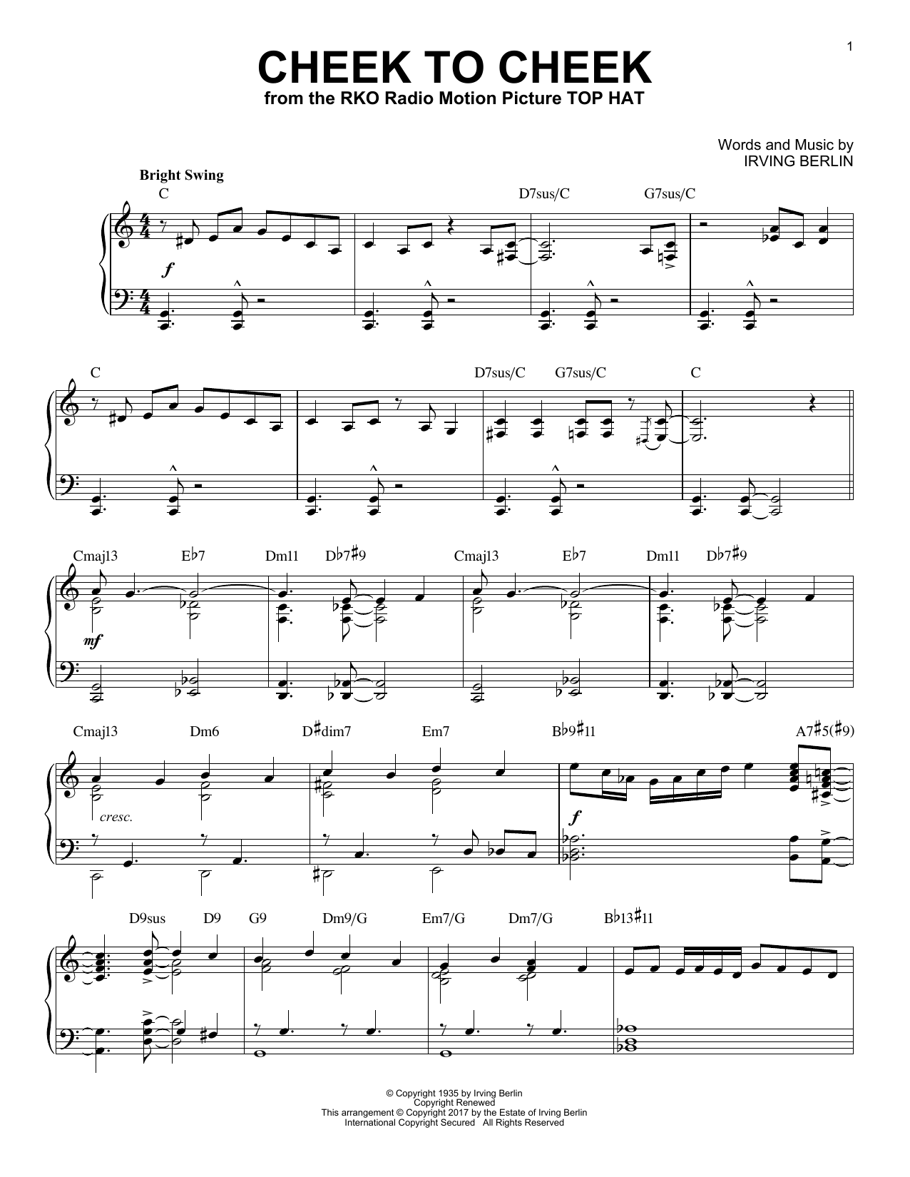 Irving Berlin Cheek To Cheek [Jazz version] Sheet Music Notes & Chords for Piano - Download or Print PDF