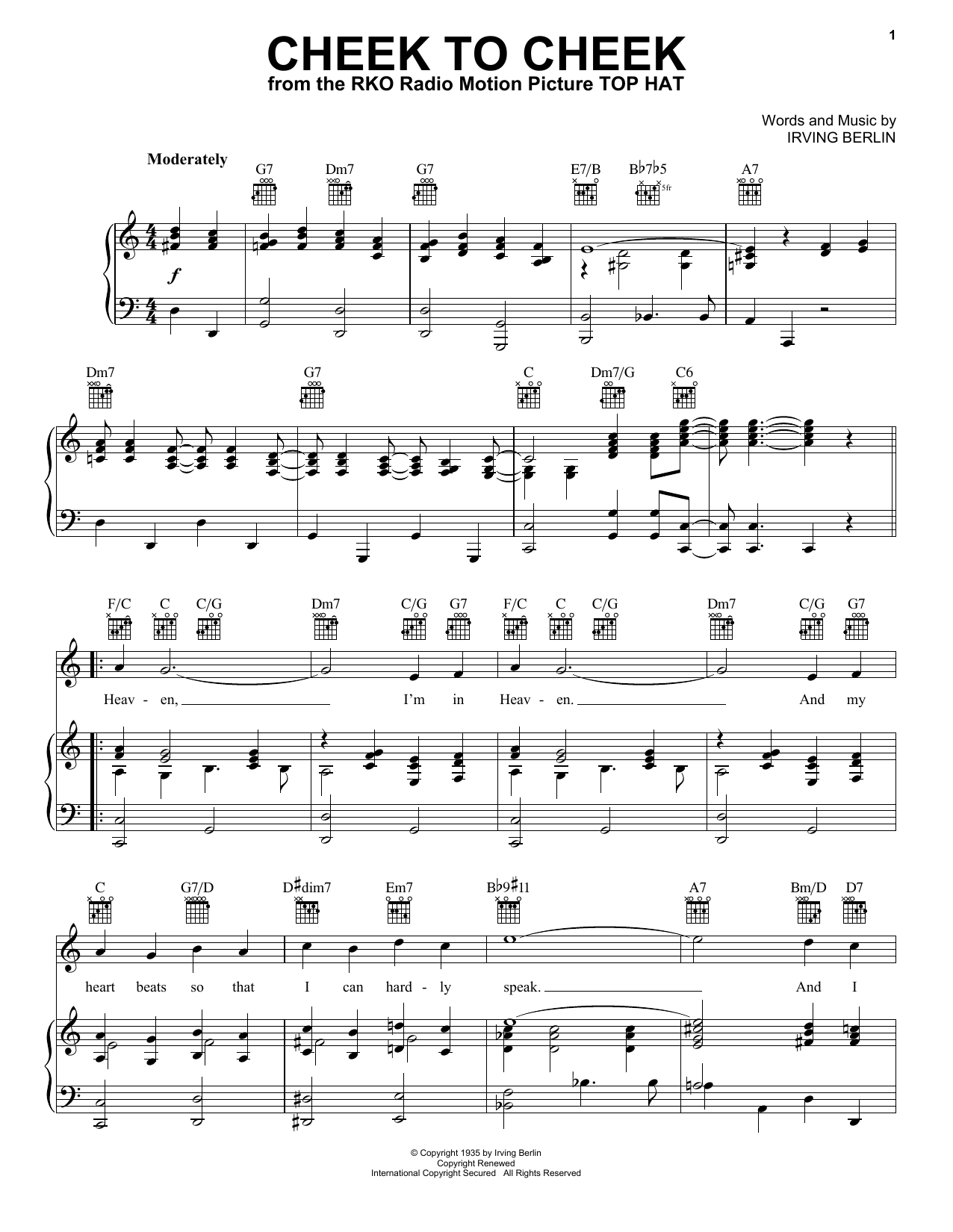 Irving Berlin Cheek To Cheek Sheet Music Notes & Chords for Melody Line, Lyrics & Chords - Download or Print PDF