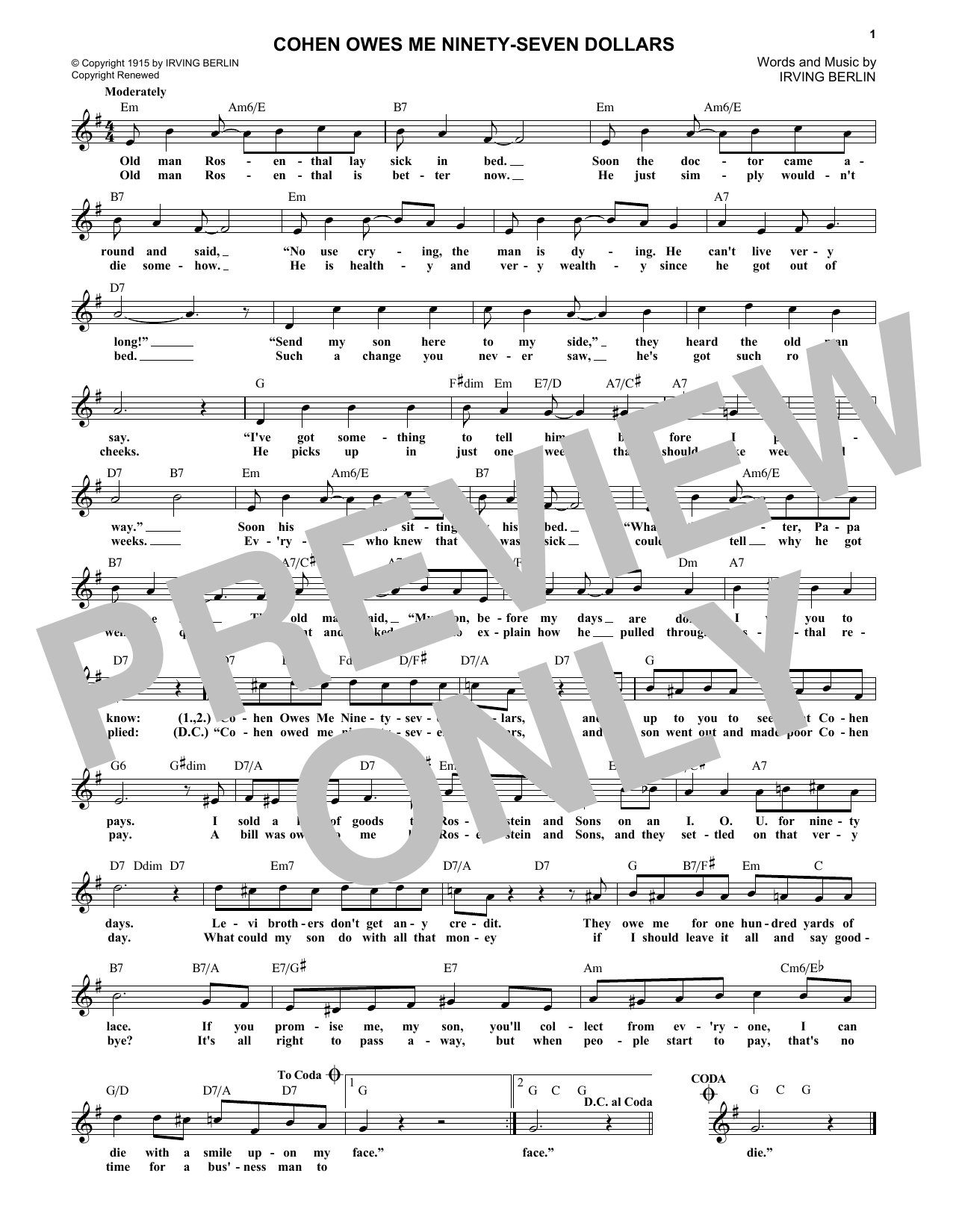 Irving Berlin Cohen Owes Me Ninety-Seven Dollars Sheet Music Notes & Chords for Melody Line, Lyrics & Chords - Download or Print PDF Irving Berlin Cohen Owes Me Ninety-Seven Dollars Sheet Music Notes & Chords for Melody Line, Lyrics & Chords - Download or Print PDF