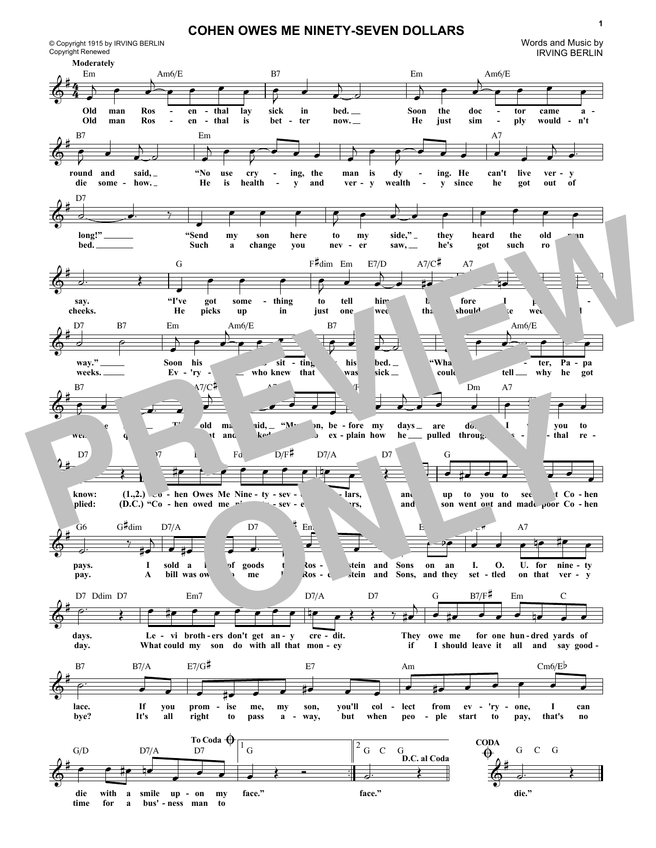 Irving Berlin Cohen Owes Me Ninety-Seven Dollars Sheet Music Notes & Chords for Melody Line, Lyrics & Chords - Download or Print PDF
