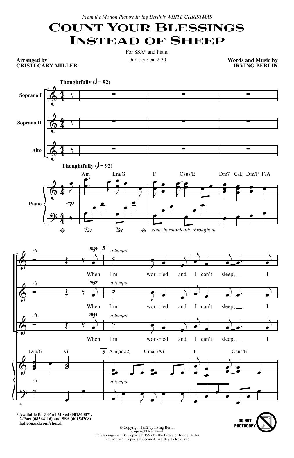 Irving Berlin Count Your Blessings Instead Of Sheep (arr. Cristi Cary Miller) Sheet Music Notes & Chords for 3-Part Mixed - Download or Print PDF