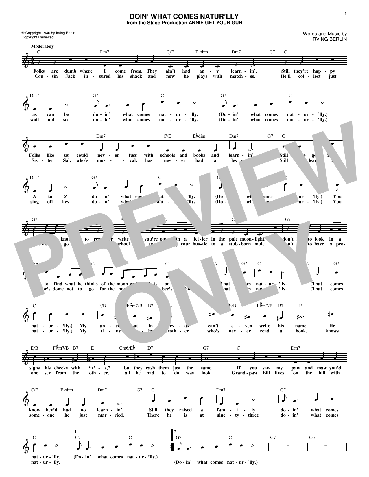 Irving Berlin Doin' What Comes Natur'lly Sheet Music Notes & Chords for Melody Line, Lyrics & Chords - Download or Print PDF