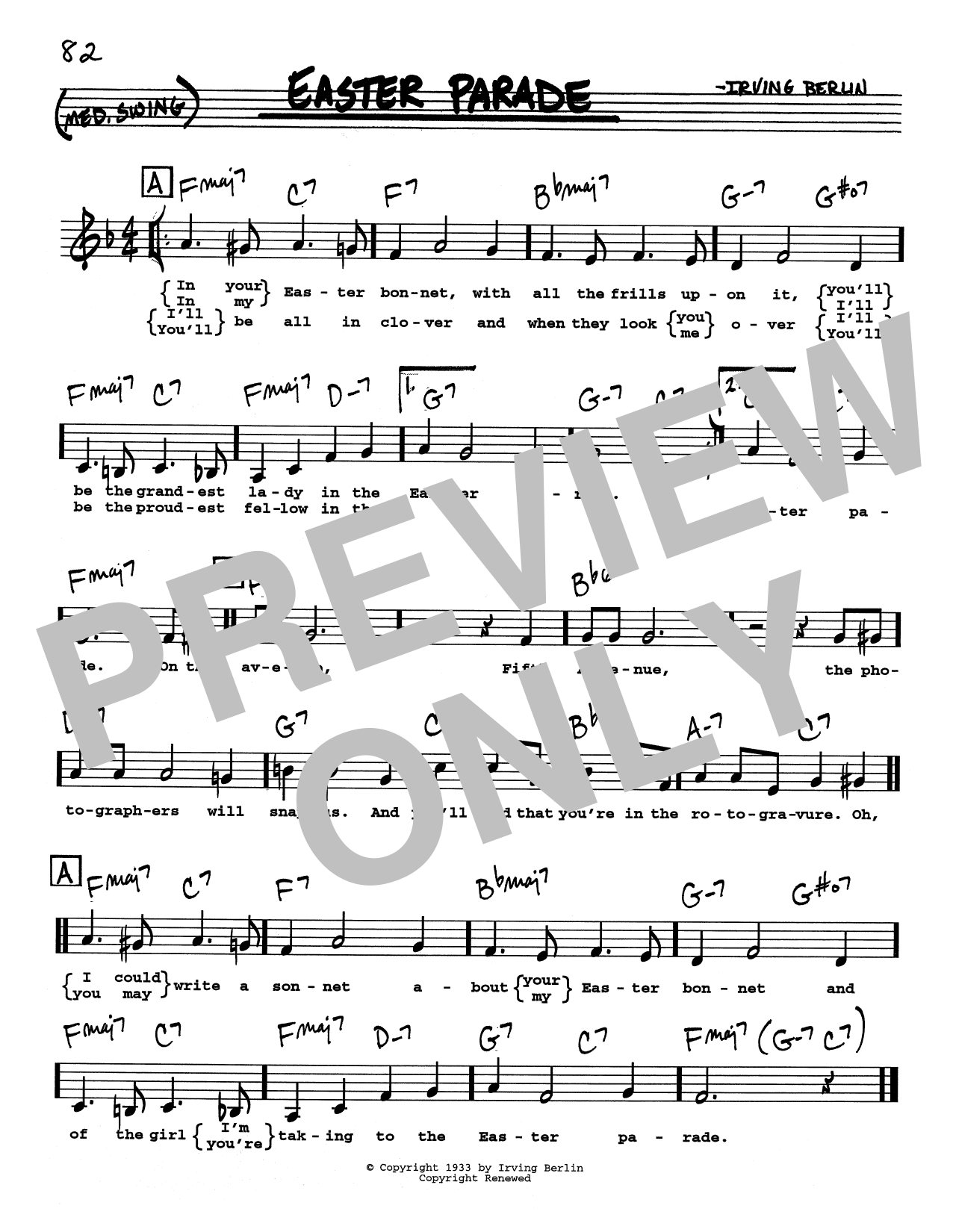 Irving Berlin Easter Parade (Low Voice) Sheet Music Notes & Chords for Real Book – Melody, Lyrics & Chords - Download or Print PDF