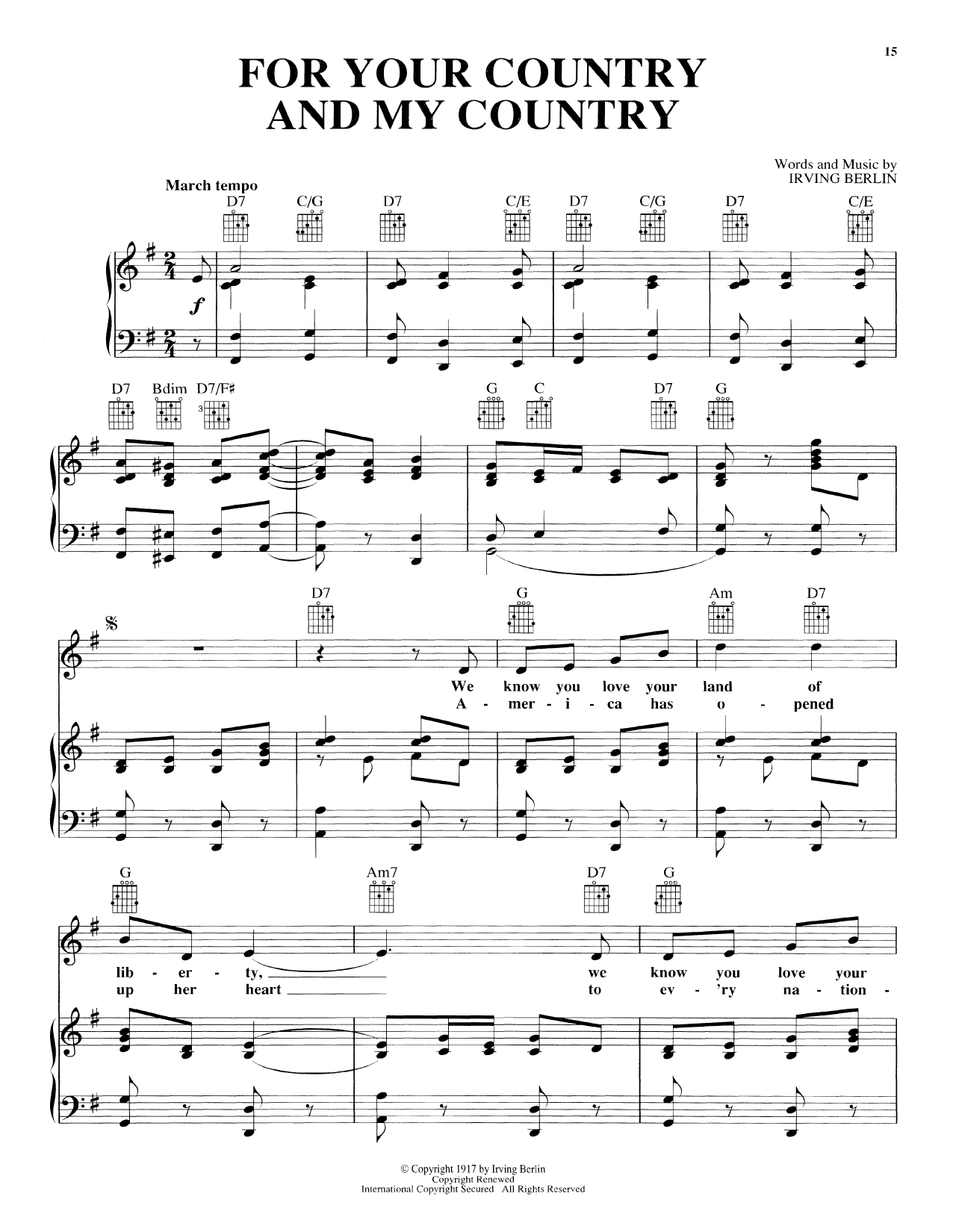 Irving Berlin For Your Country And My Country Sheet Music Notes & Chords for Piano, Vocal & Guitar (Right-Hand Melody) - Download or Print PDF
