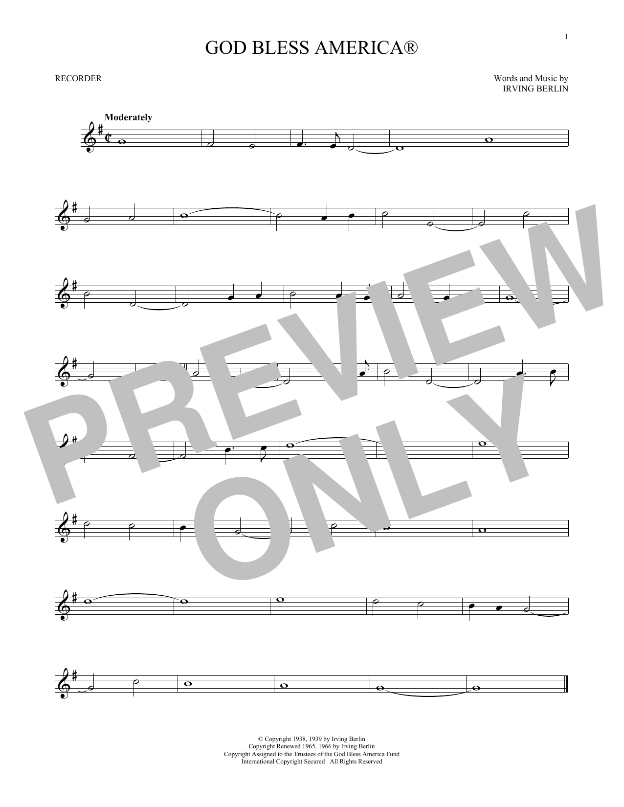 Irving Berlin God Bless America ® Sheet Music Notes & Chords for Recorder Solo - Download or Print PDF