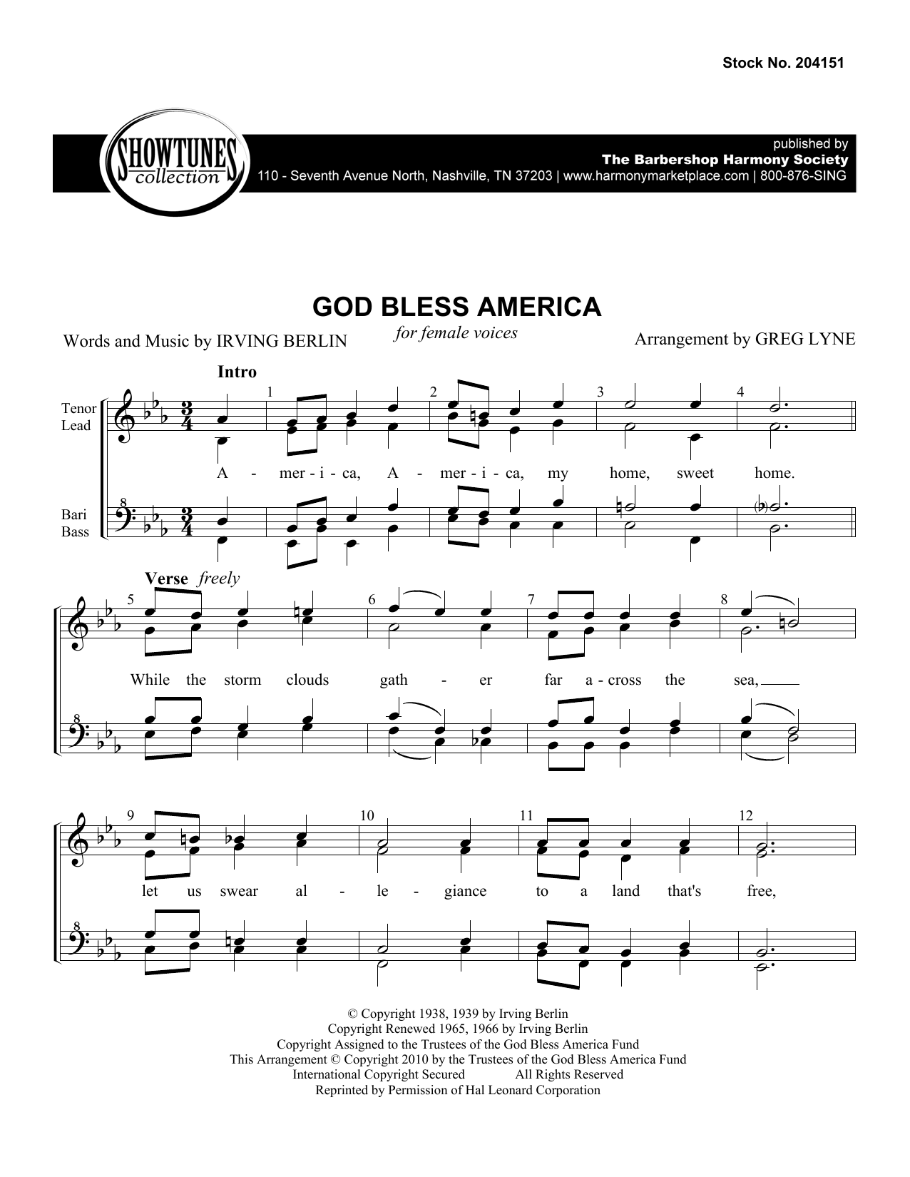 Irving Berlin God Bless America (arr. Greg Lyne) Sheet Music Notes & Chords for SSAA Choir - Download or Print PDF