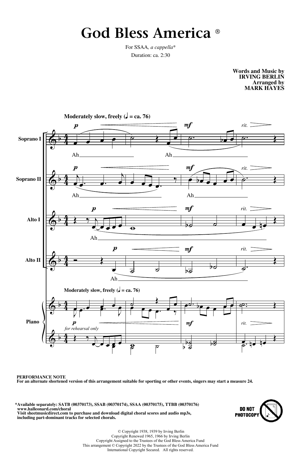 Irving Berlin God Bless America (arr. Mark Hayes) Sheet Music Notes & Chords for SSAA Choir - Download or Print PDF