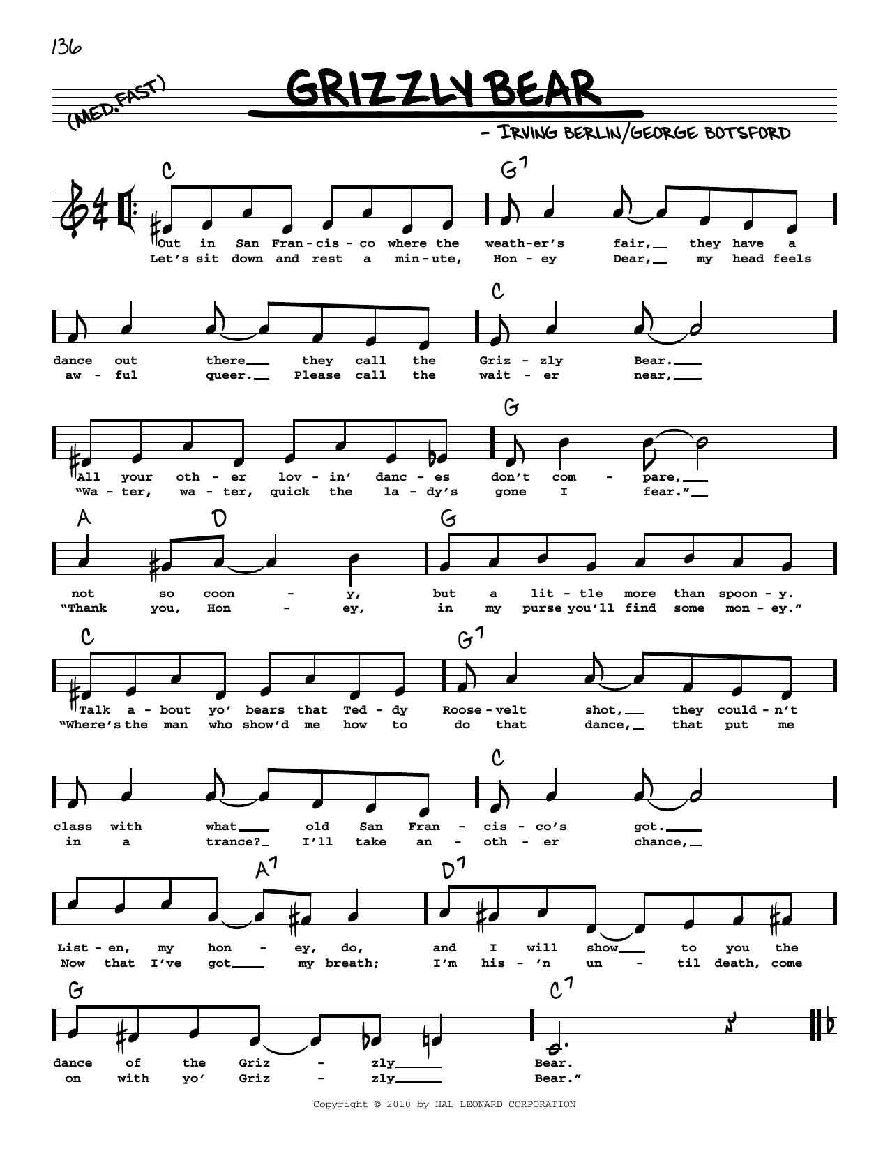 Irving Berlin Grizzly Bear (arr. Robert Rawlins) Sheet Music Notes & Chords for Real Book – Melody, Lyrics & Chords - Download or Print PDF