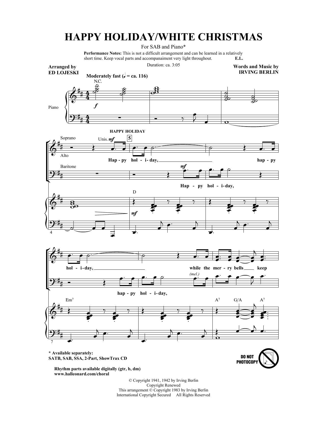 Irving Berlin Happy Holiday (arr. Ed Lojeski) Sheet Music Notes & Chords for SAB - Download or Print PDF