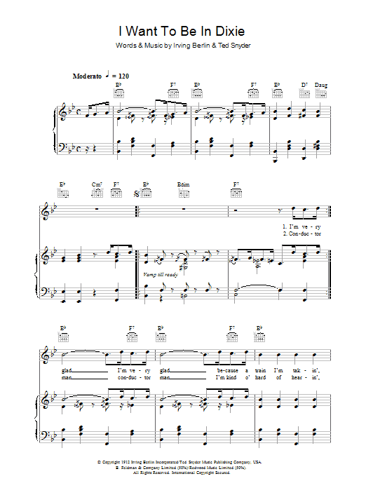 Irving Berlin I Want To Be In Dixie Sheet Music Notes & Chords for Piano, Vocal & Guitar (Right-Hand Melody) - Download or Print PDF