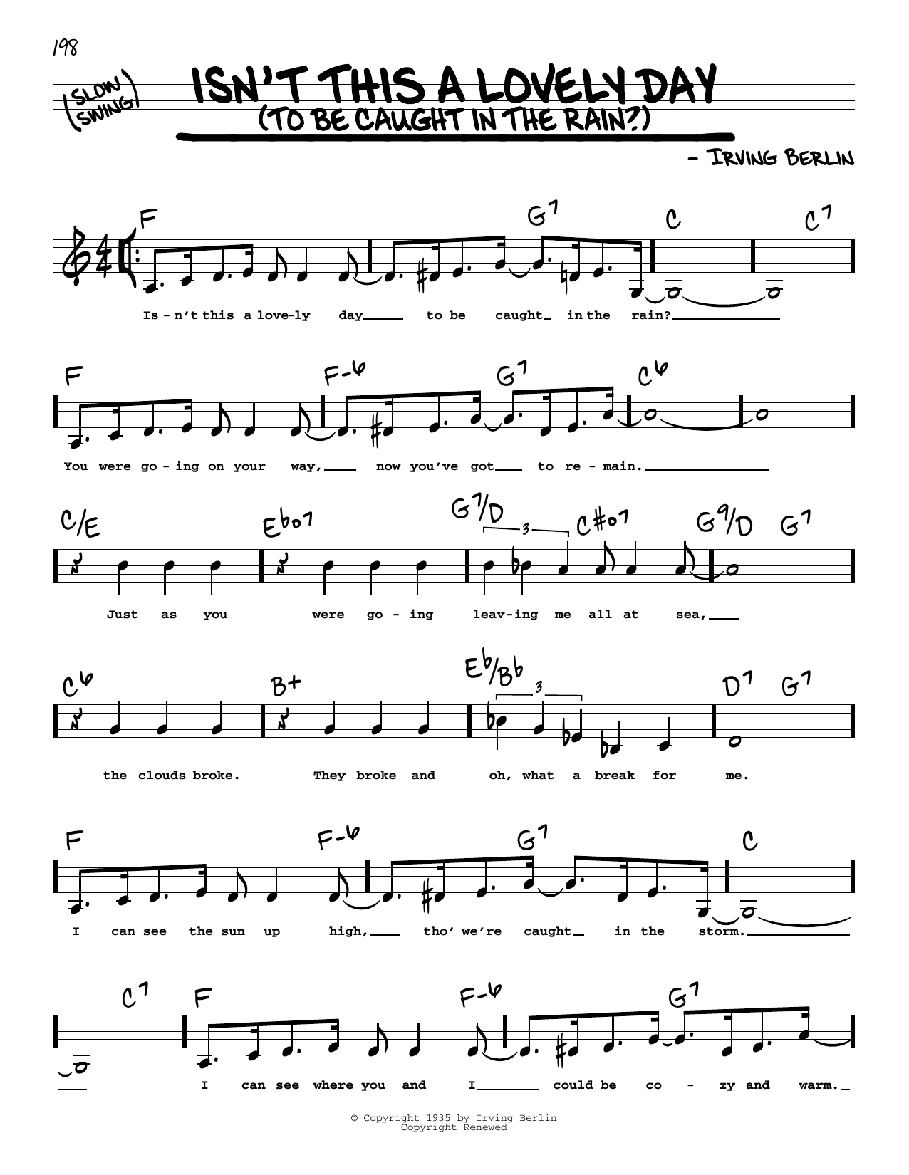Irving Berlin Isn't This A Lovely Day (To Be Caught In The Rain?) (Low Voice) Sheet Music Notes & Chords for Real Book – Melody, Lyrics & Chords - Download or Print PDF