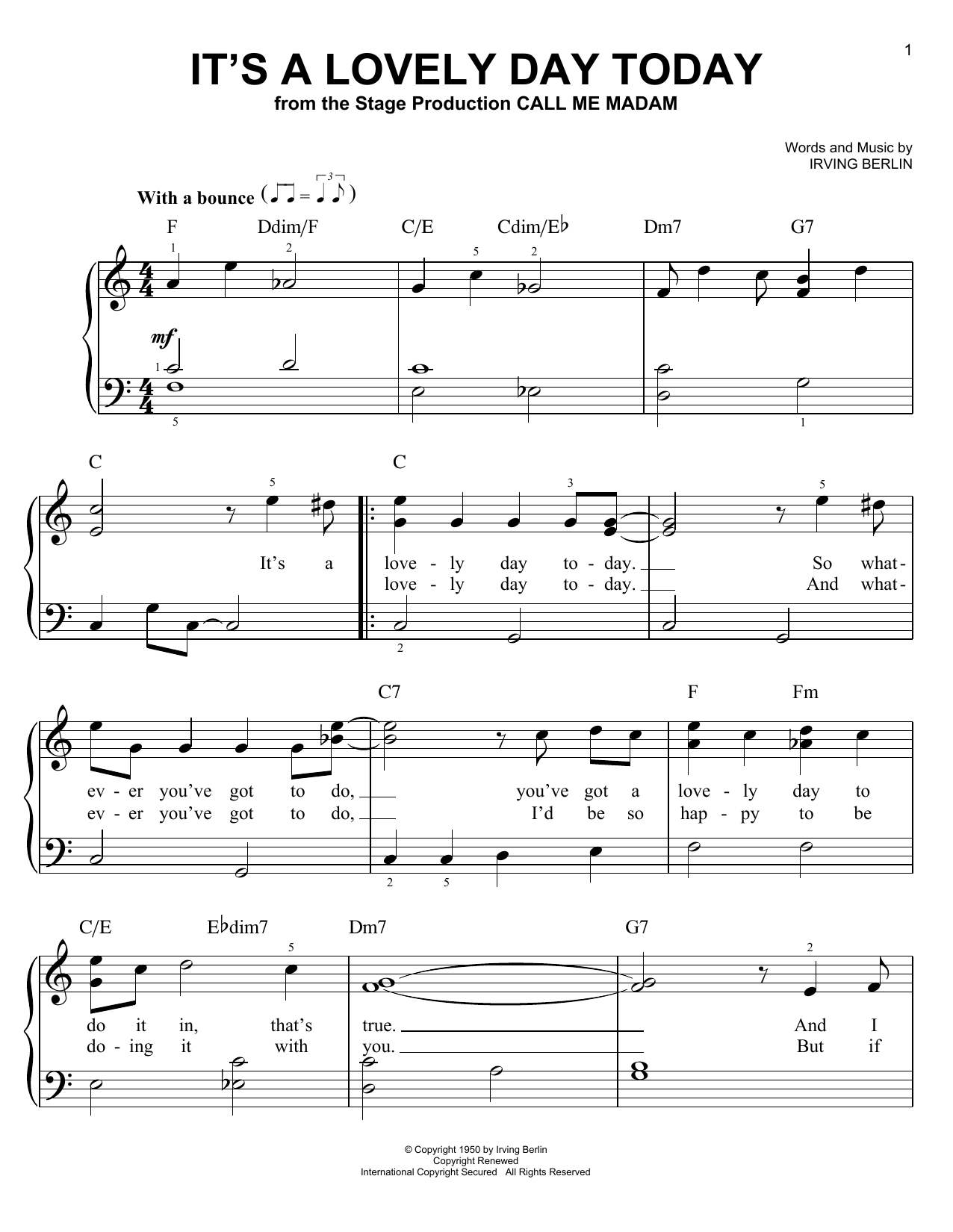Irving Berlin It's A Lovely Day Today (from Call Me Madam) Sheet Music Notes & Chords for Easy Piano Solo - Download or Print PDF