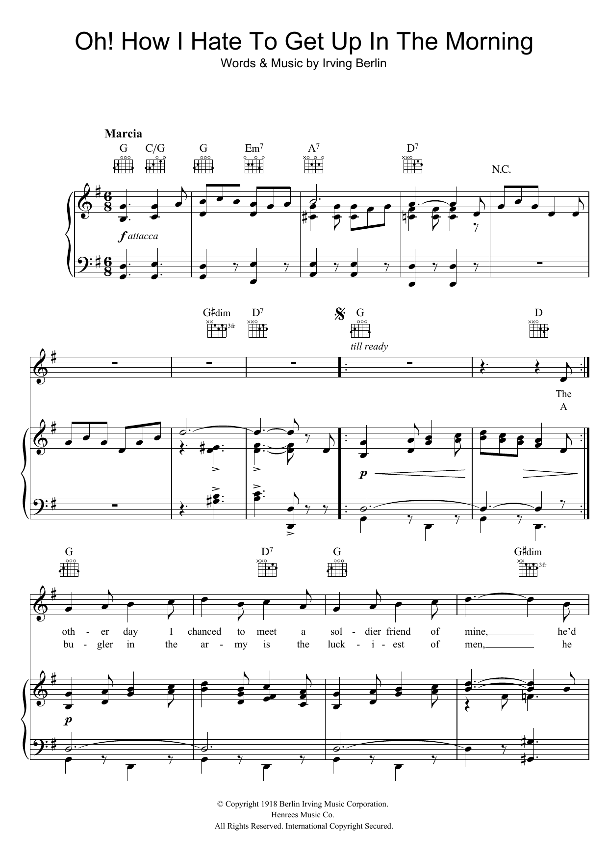 Irving Berlin Oh, How I Hate To Get Up In The Morning Sheet Music Notes & Chords for Piano, Vocal & Guitar (Right-Hand Melody) - Download or Print PDF