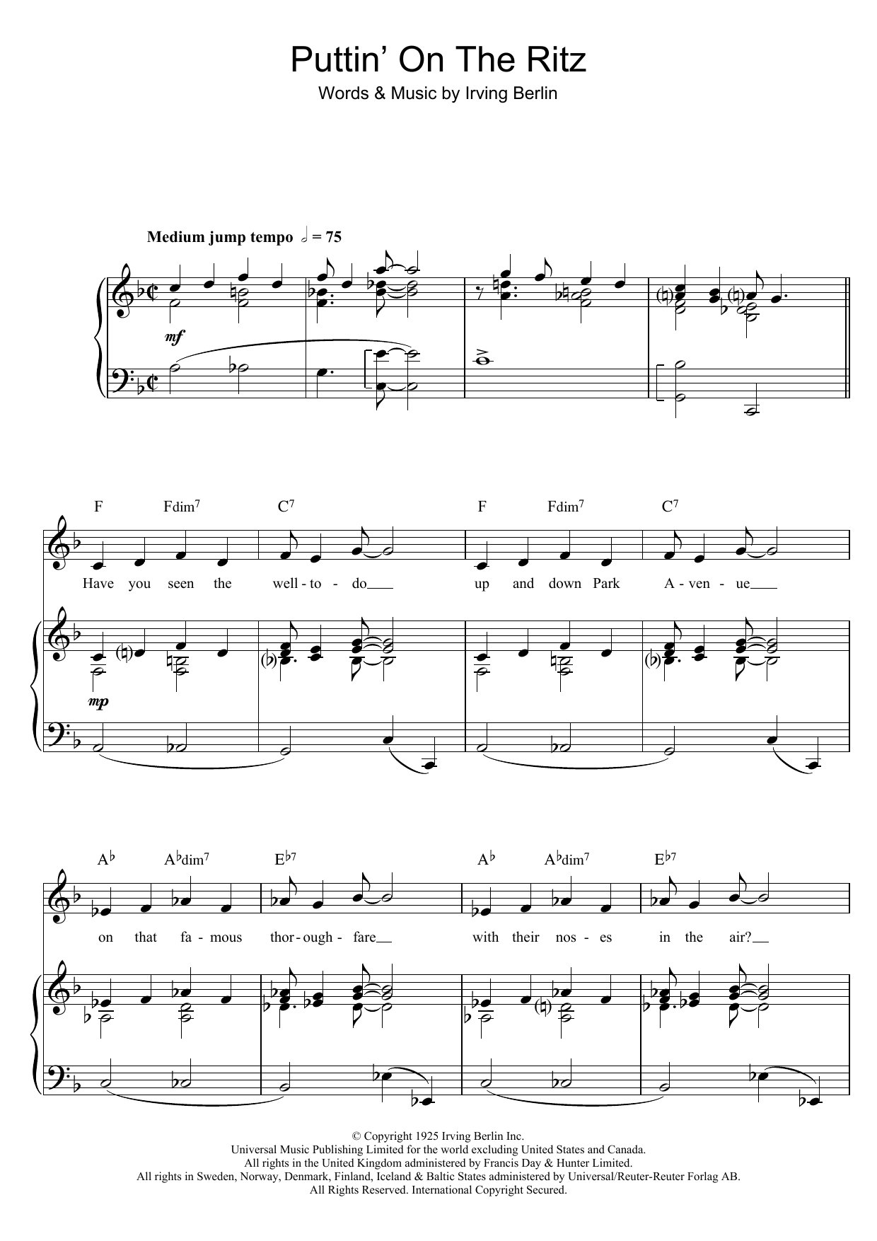 Irving Berlin Puttin' On The Ritz (from Top Hat) Sheet Music Notes & Chords for Piano, Vocal & Guitar (Right-Hand Melody) - Download or Print PDF