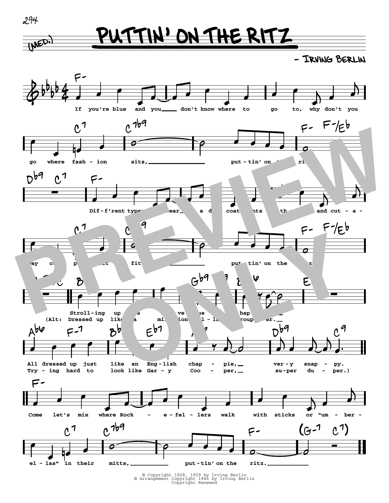 Irving Berlin Puttin' On The Ritz (High Voice) Sheet Music Notes & Chords for Real Book – Melody, Lyrics & Chords - Download or Print PDF