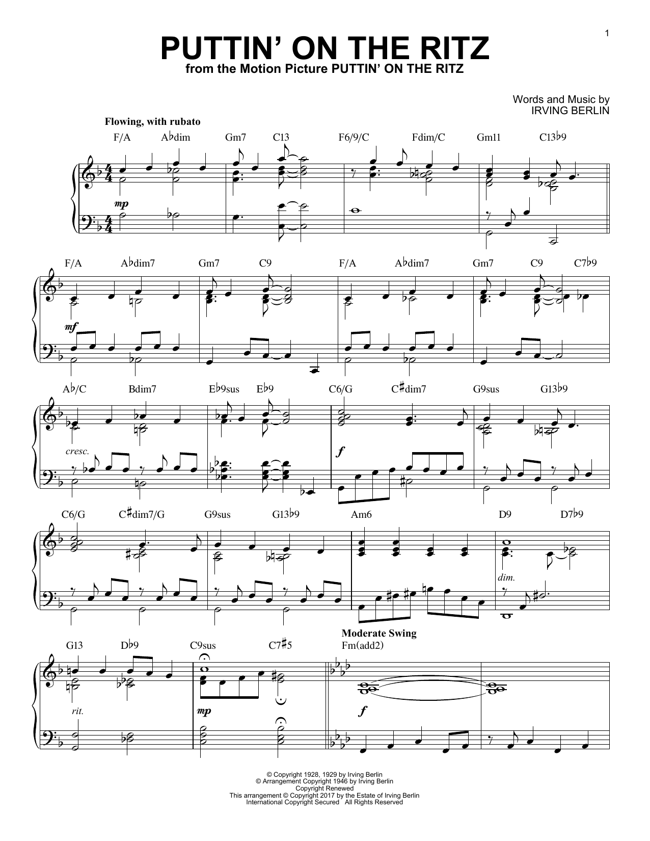 Irving Berlin Puttin' On The Ritz [Jazz version] Sheet Music Notes & Chords for Piano - Download or Print PDF