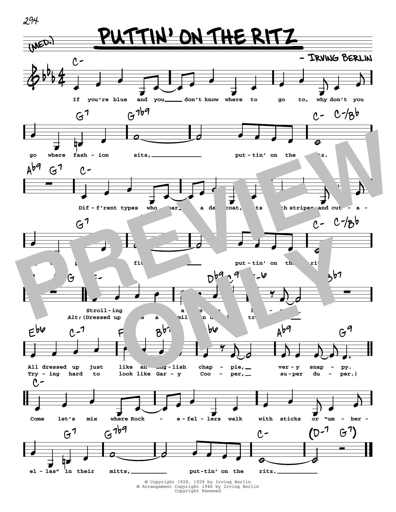 Irving Berlin Puttin' On The Ritz (Low Voice) Sheet Music Notes & Chords for Real Book – Melody, Lyrics & Chords - Download or Print PDF