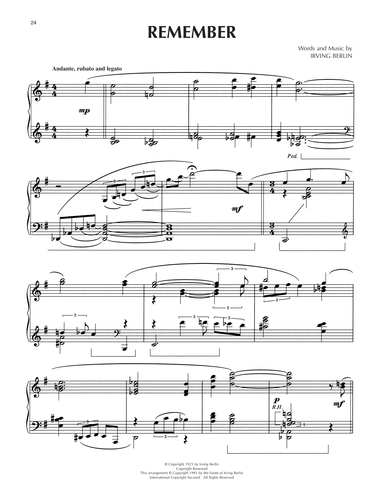 Irving Berlin Remember (arr. Dick Hyman) Sheet Music Notes & Chords for Piano Solo - Download or Print PDF