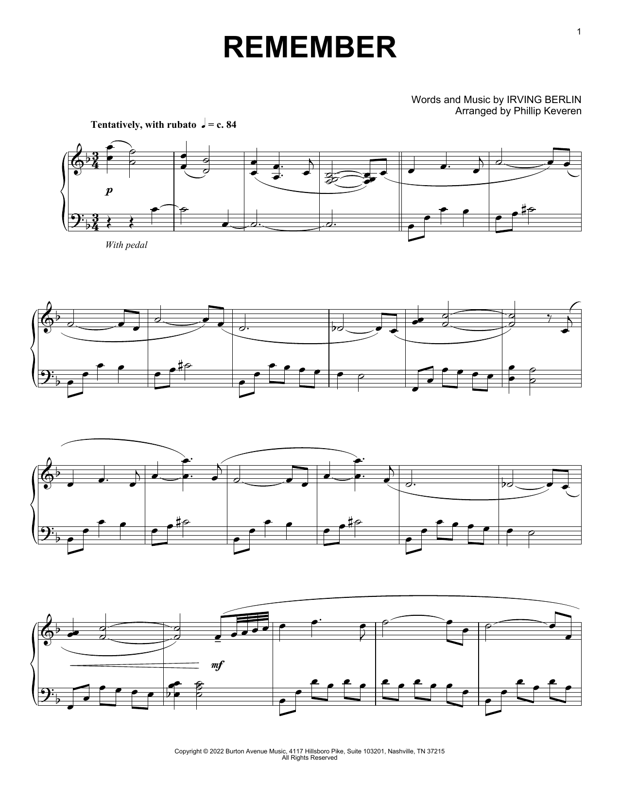 Irving Berlin Remember (arr. Phillip Keveren) Sheet Music Notes & Chords for Piano Solo - Download or Print PDF Irving Berlin Remember (arr. Phillip Keveren) Sheet Music Notes & Chords for Piano Solo - Download or Print PDF