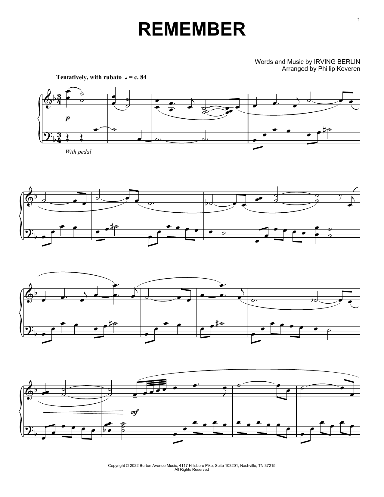 Irving Berlin Remember (arr. Phillip Keveren) Sheet Music Notes & Chords for Piano Solo - Download or Print PDF
