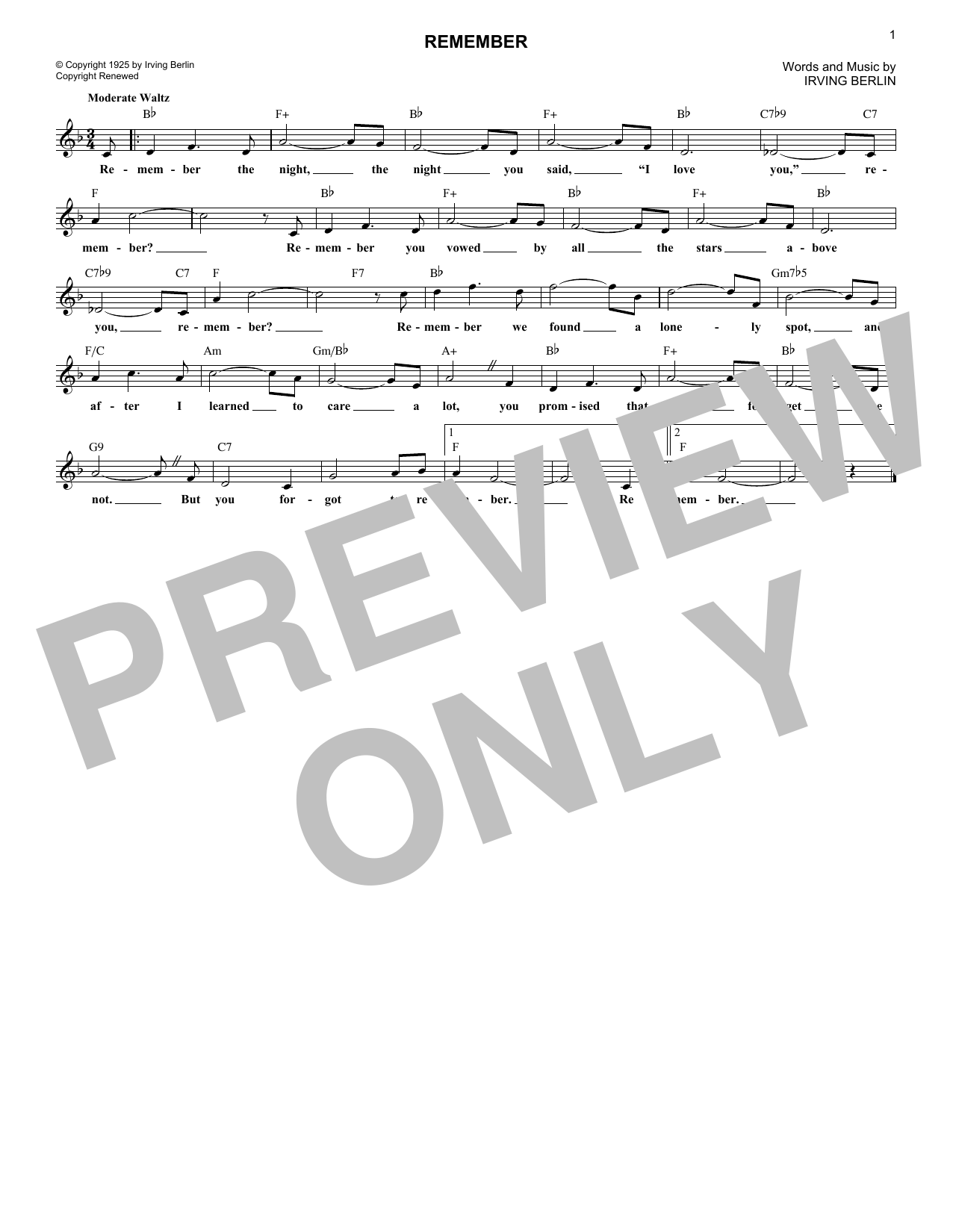 Irving Berlin Remember Sheet Music Notes & Chords for Lead Sheet / Fake Book - Download or Print PDF