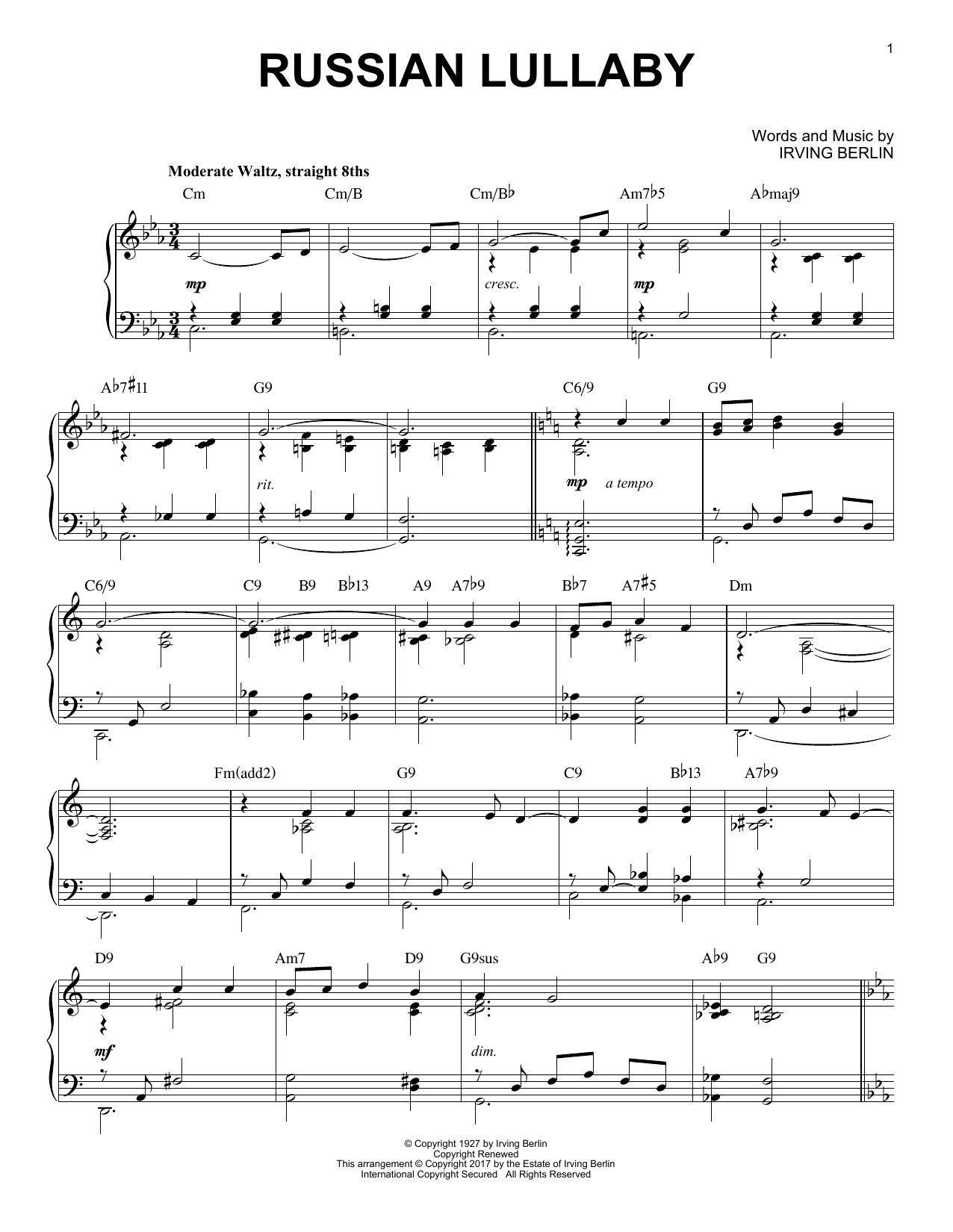 Irving Berlin Russian Lullaby [Jazz version] Sheet Music Notes & Chords for Piano - Download or Print PDF