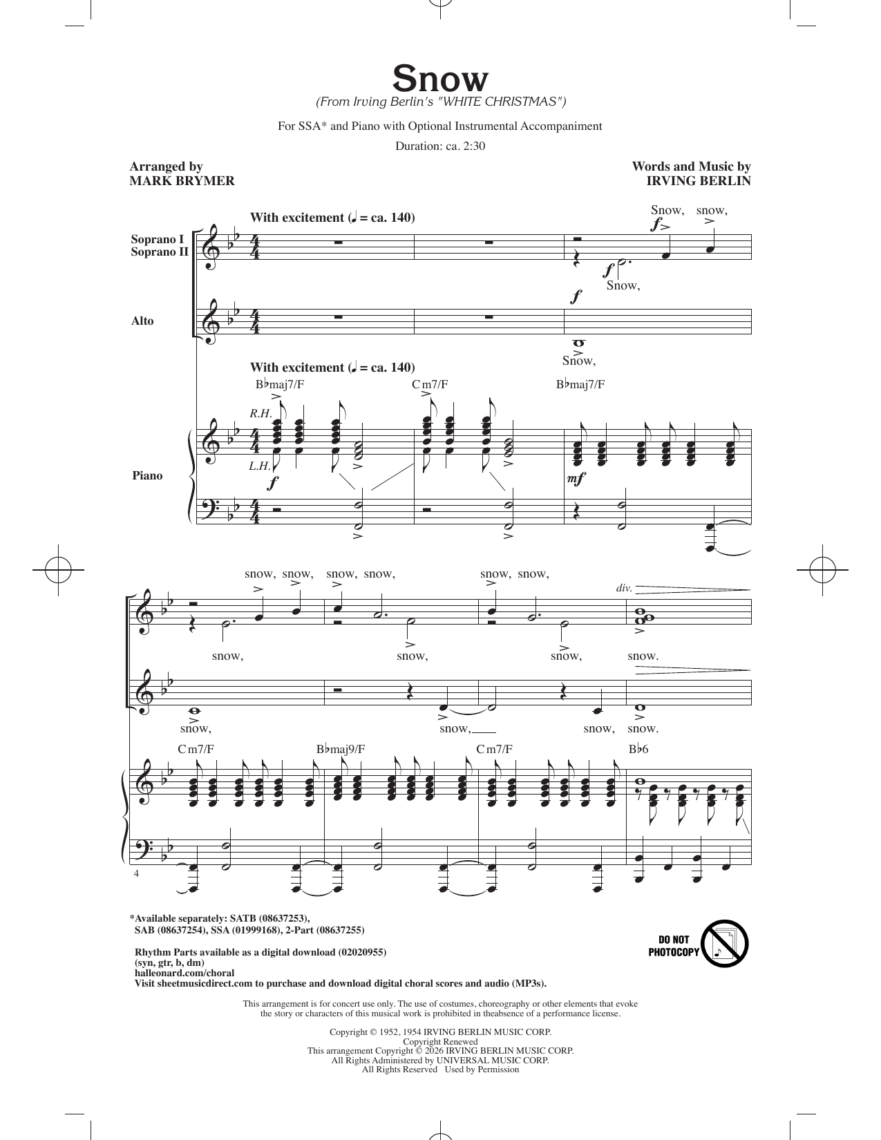 Irving Berlin Snow (arr. Mark Brymer) Sheet Music Notes & Chords for SSA Choir - Download or Print PDF