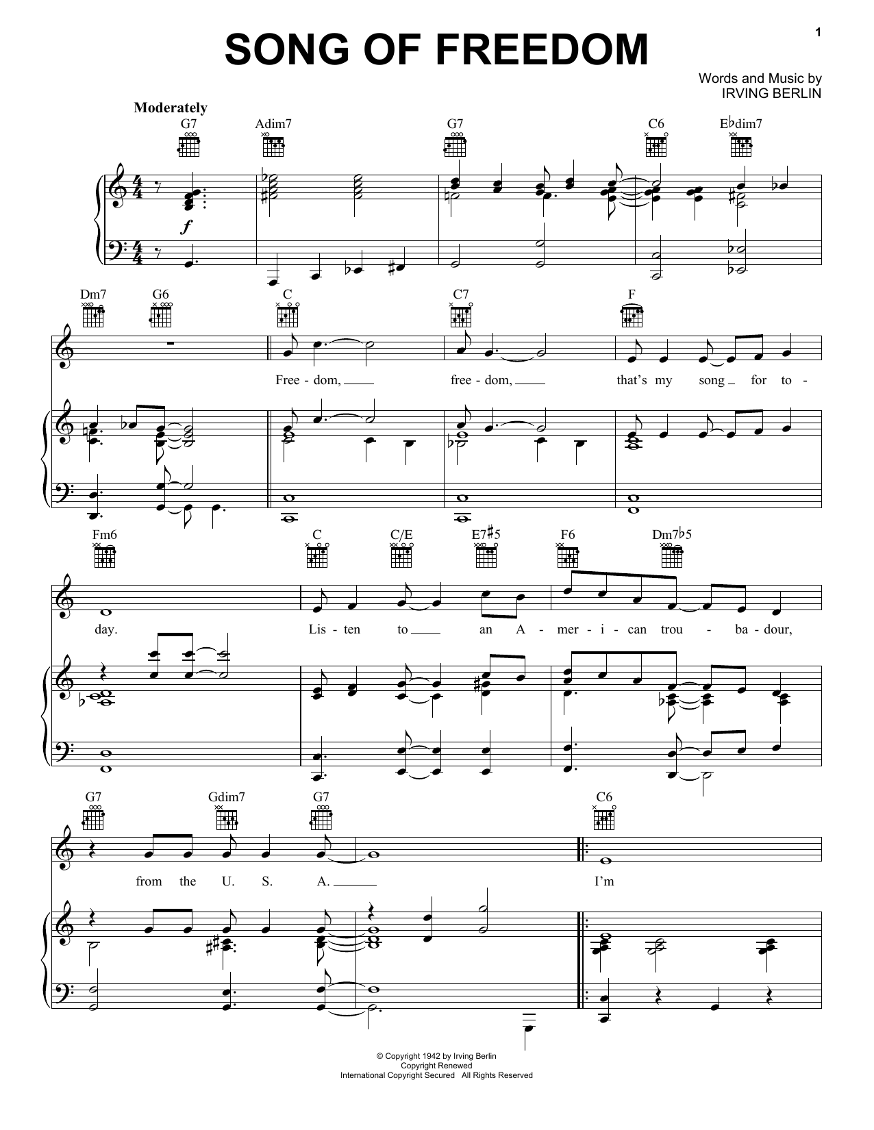 Irving Berlin Song Of Freedom Sheet Music Notes & Chords for Piano, Vocal & Guitar (Right-Hand Melody) - Download or Print PDF