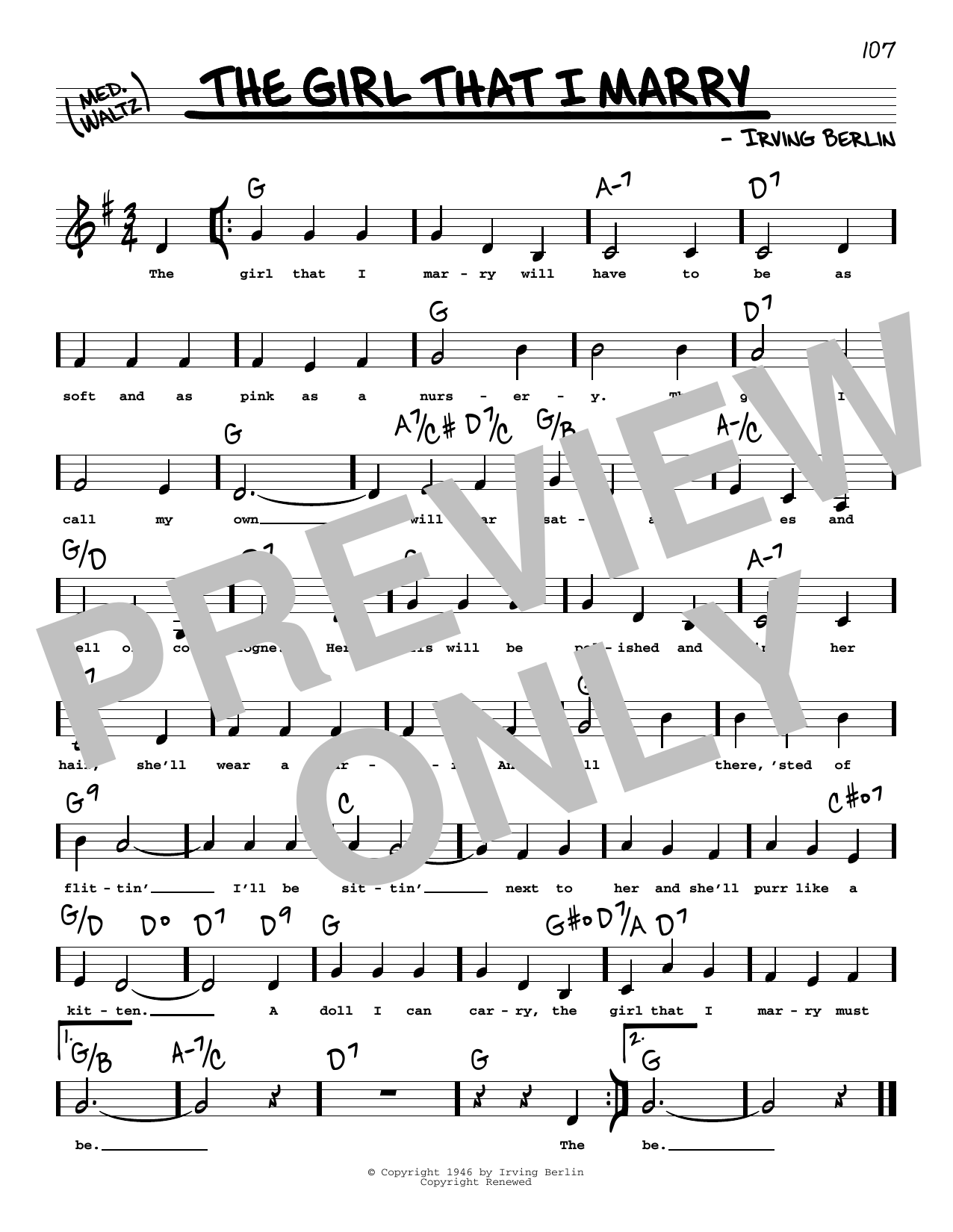 Irving Berlin The Girl That I Marry (Low Voice) Sheet Music Notes & Chords for Real Book – Melody, Lyrics & Chords - Download or Print PDF