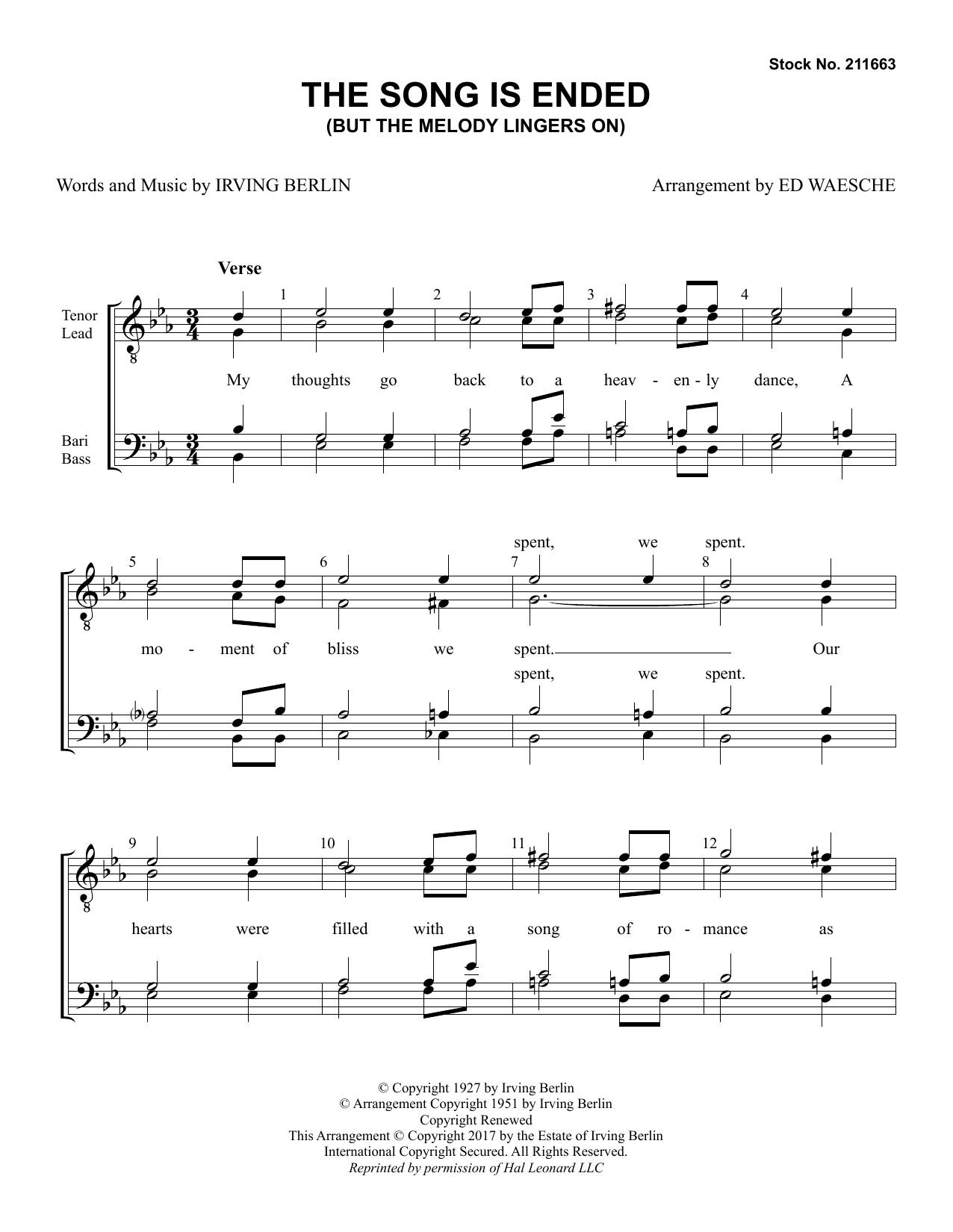 Irving Berlin The Song Is Ended (But the Melody Lingers On) (arr. Ed Waesche) Sheet Music Notes & Chords for TTBB Choir - Download or Print PDF
