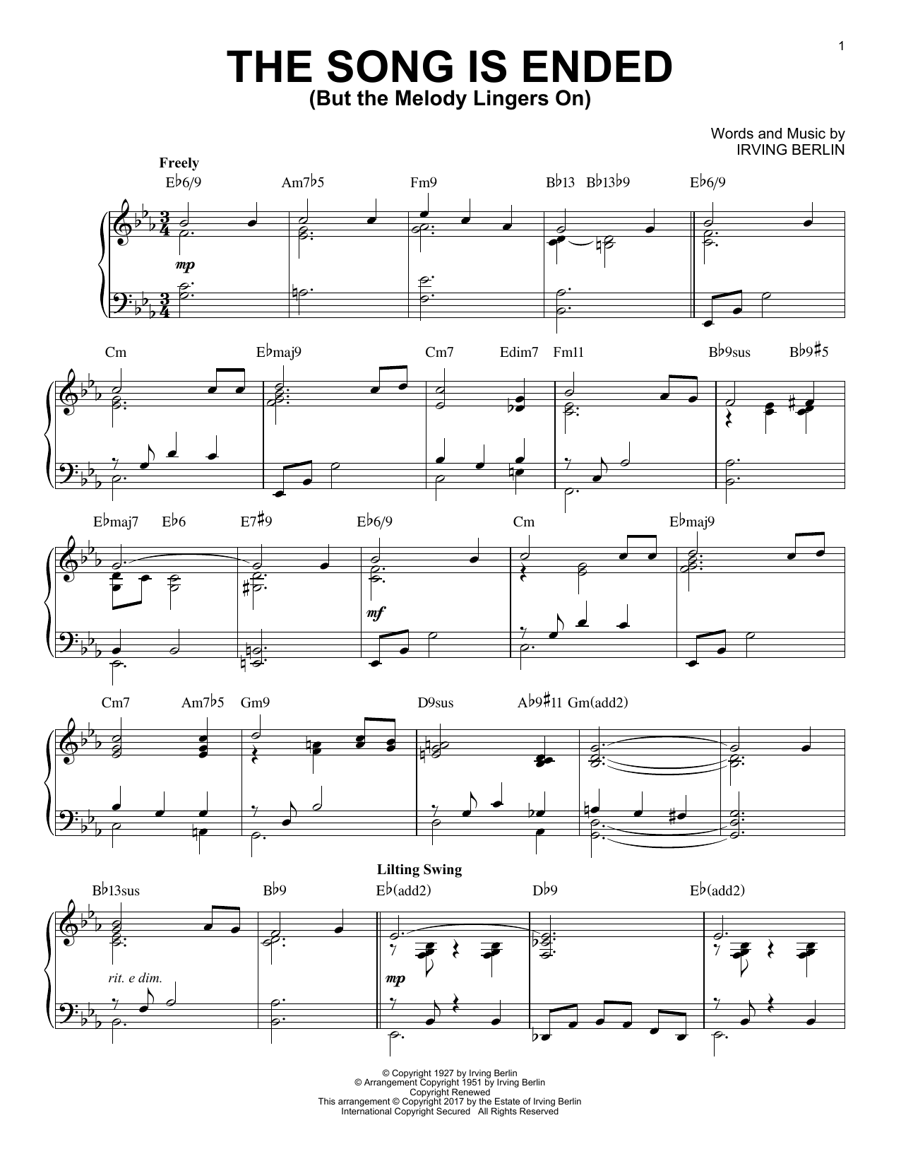 Irving Berlin The Song Is Ended (But The Melody Lingers On) [Jazz version] Sheet Music Notes & Chords for Piano - Download or Print PDF