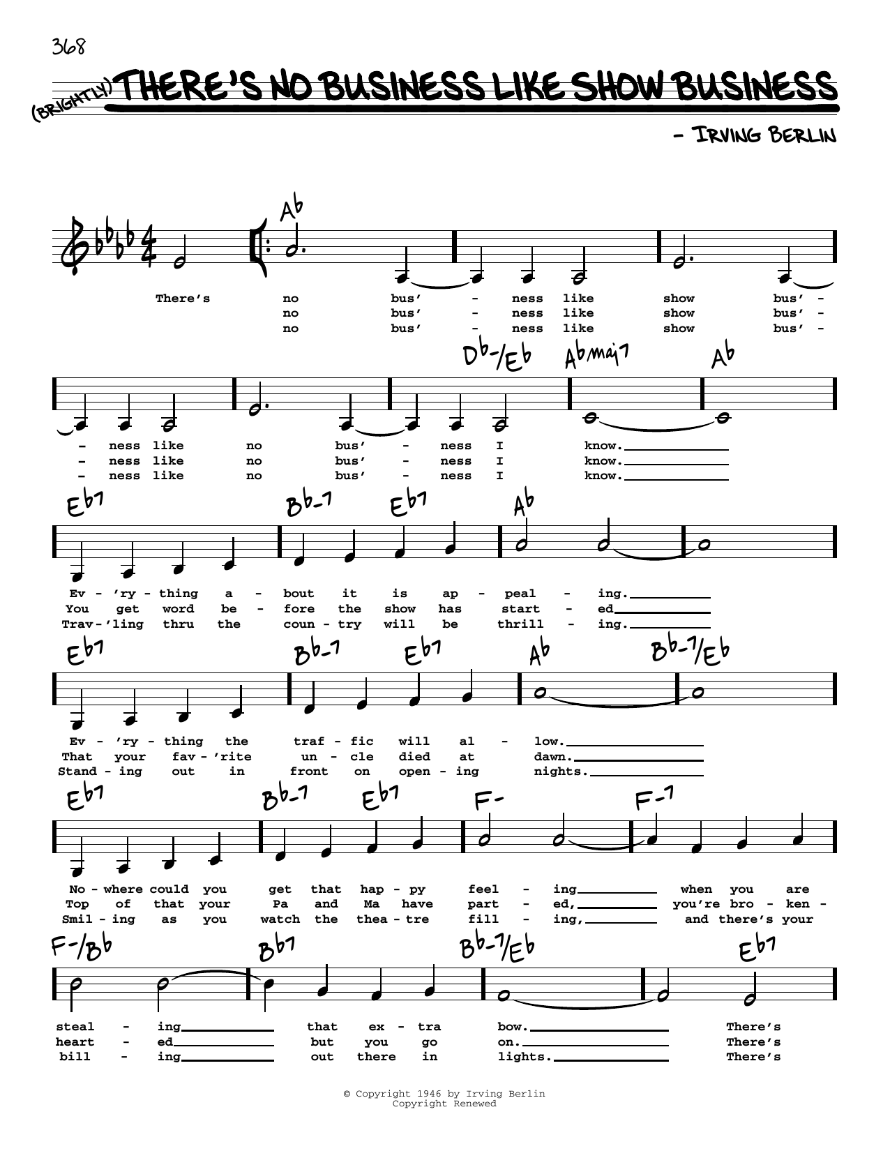 Irving Berlin There's No Business Like Show Business (Low Voice) Sheet Music Notes & Chords for Real Book – Melody, Lyrics & Chords - Download or Print PDF