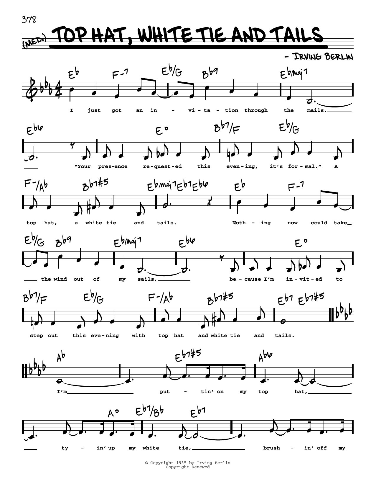 Irving Berlin Top Hat, White Tie And Tails (Low Voice) Sheet Music Notes & Chords for Real Book – Melody, Lyrics & Chords - Download or Print PDF