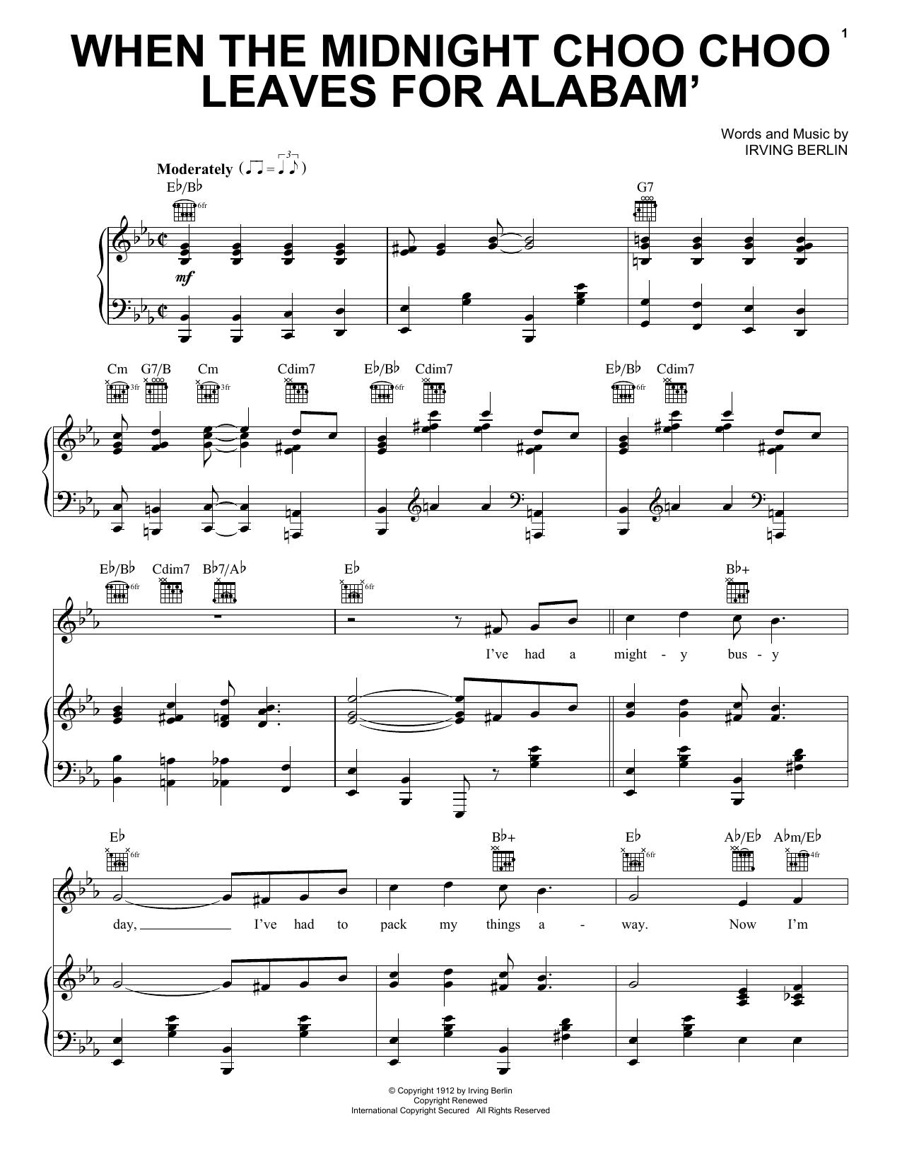 Irving Berlin When The Midnight Choo Choo Leaves For Alabam' (from There's No Business Like Show Business) Sheet Music Notes & Chords for Piano, Vocal & Guitar Chords (Right-Hand Melody) - Download or Print PDF