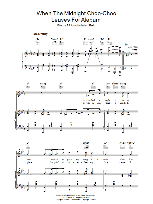 Irving Berlin When The Midnight Choo Choo Leaves For Alabam' Sheet Music Notes & Chords for Piano, Vocal & Guitar (Right-Hand Melody) - Download or Print PDF