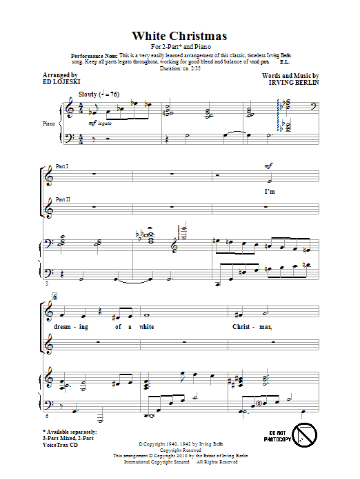 Irving Berlin White Christmas (arr. Ed Lojeski) Sheet Music Notes & Chords for 2-Part Choir - Download or Print PDF