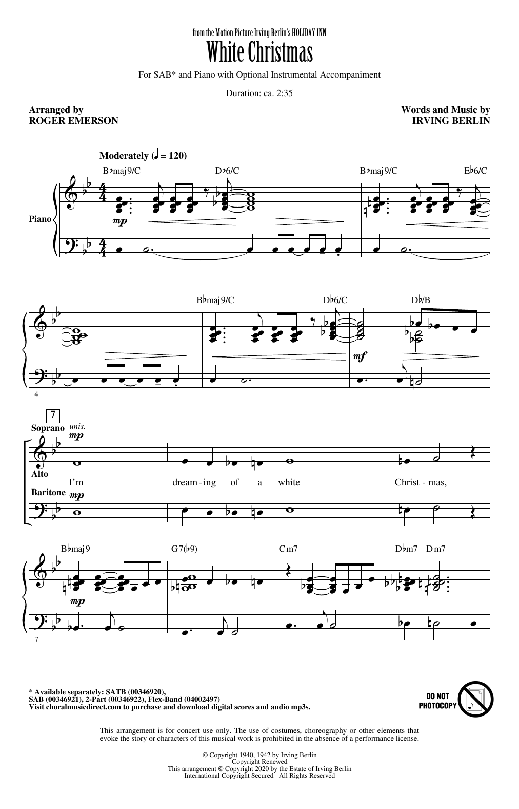 Irving Berlin White Christmas (from Holiday Inn) (arr. Roger Emerson) Sheet Music Notes & Chords for SAB Choir - Download or Print PDF