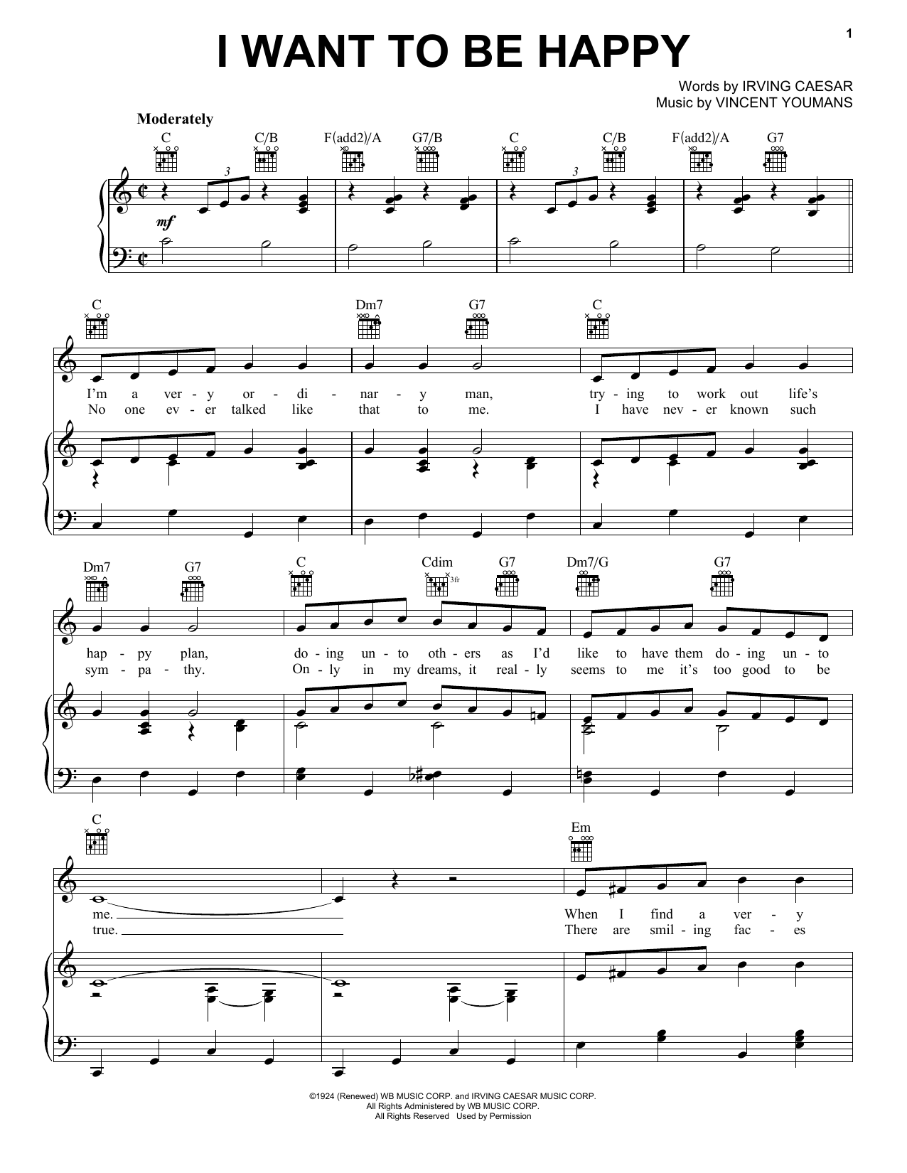 Irving Caesar I Want To Be Happy Sheet Music Notes & Chords for Piano, Vocal & Guitar (Right-Hand Melody) - Download or Print PDF