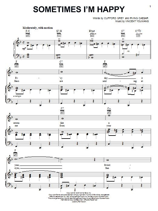 Irving Caesar Sometimes I'm Happy Sheet Music Notes & Chords for Piano, Vocal & Guitar (Right-Hand Melody) - Download or Print PDF