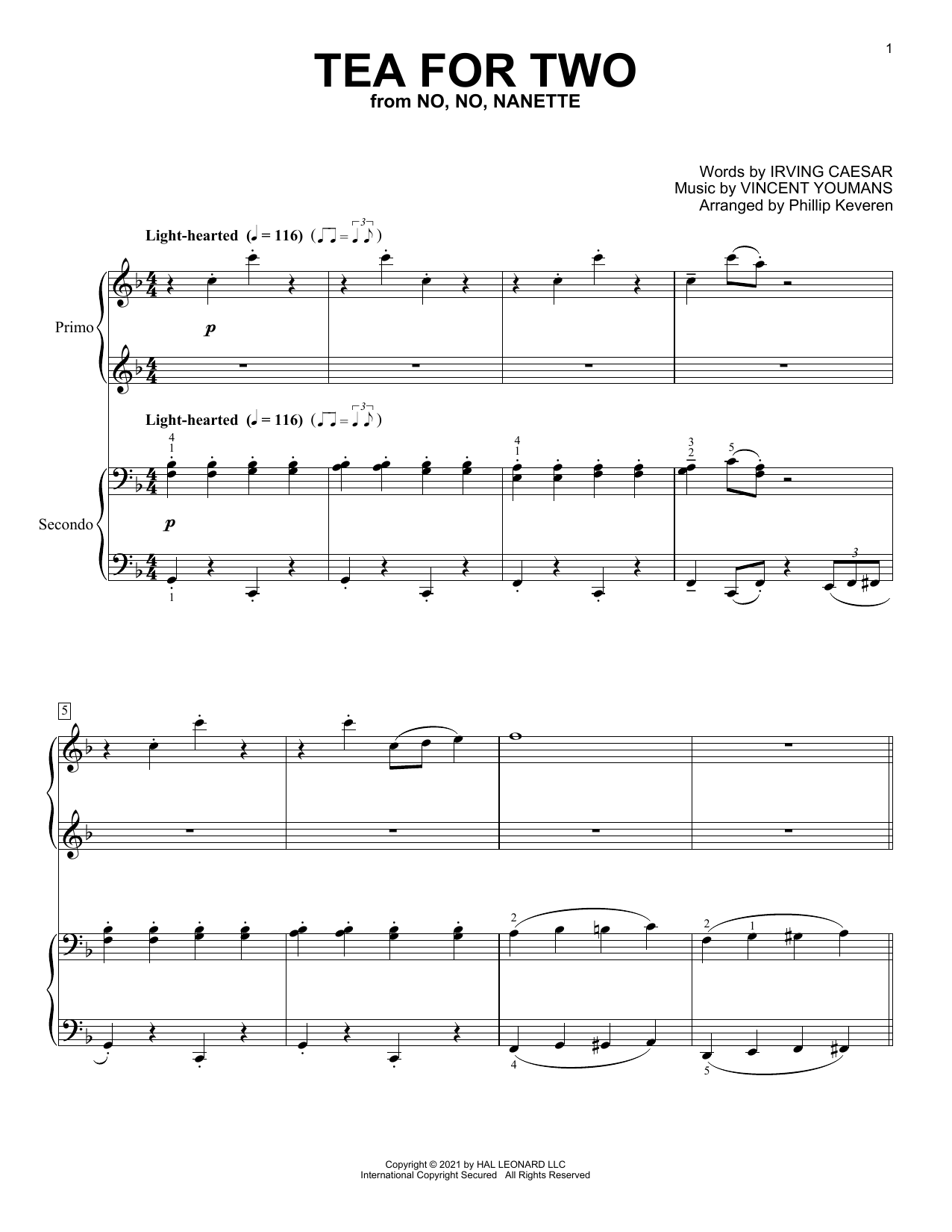 Irving Caesar Tea For Two (arr. Phillip Keveren) Sheet Music Notes & Chords for Piano Duet - Download or Print PDF