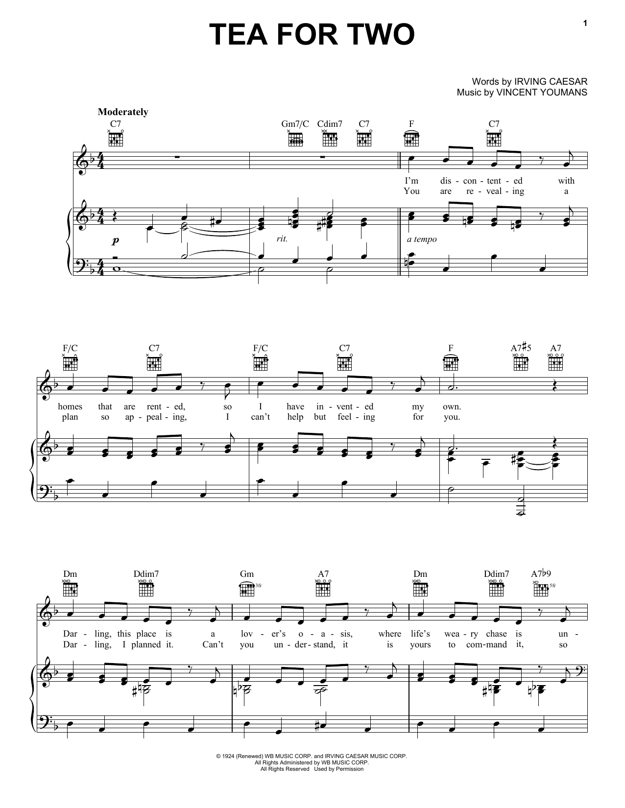 Irving Caesar Tea For Two Sheet Music Notes & Chords for Melody Line, Lyrics & Chords - Download or Print PDF